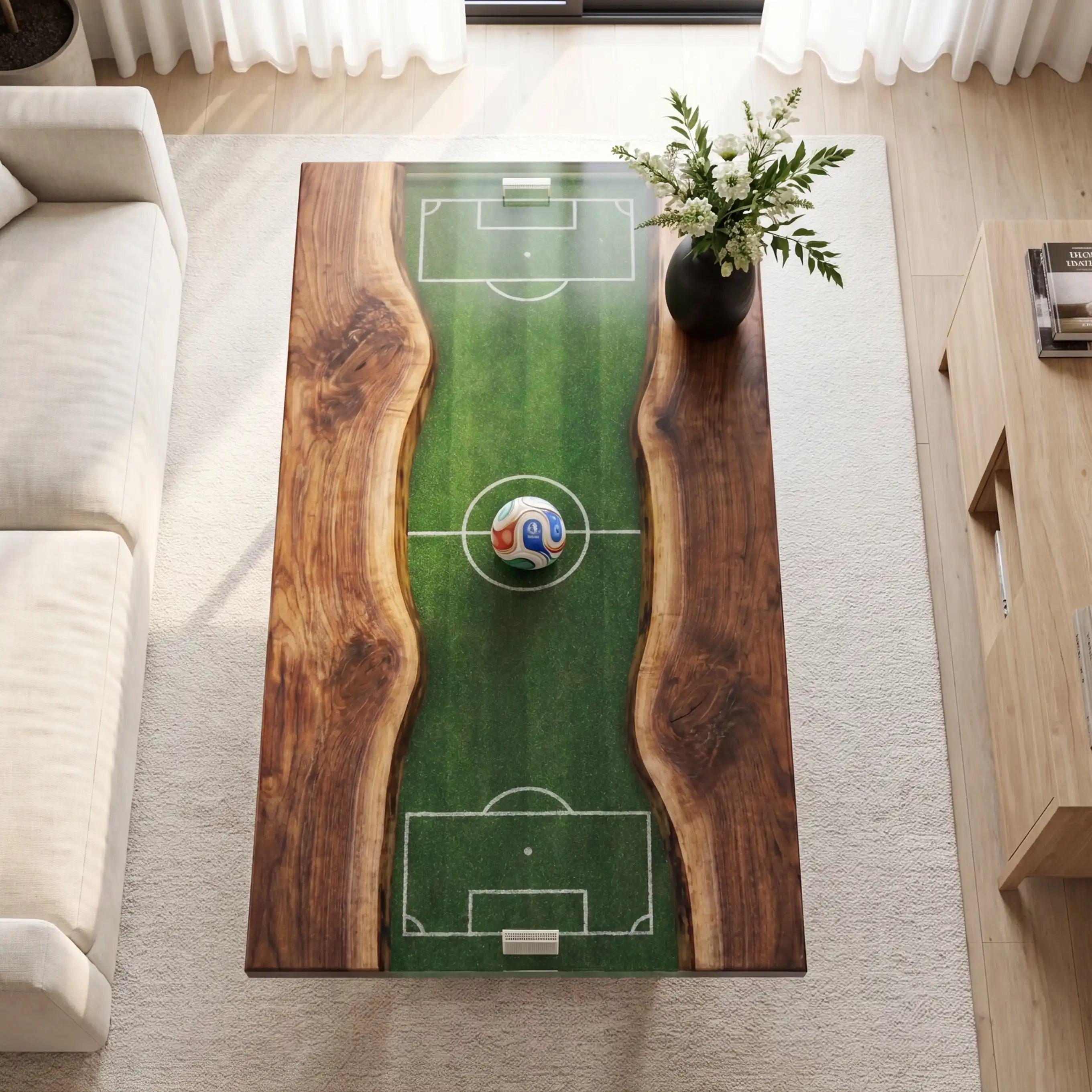 Walnut & 3D Soccer Pitch Resin Coffee Table WPC25