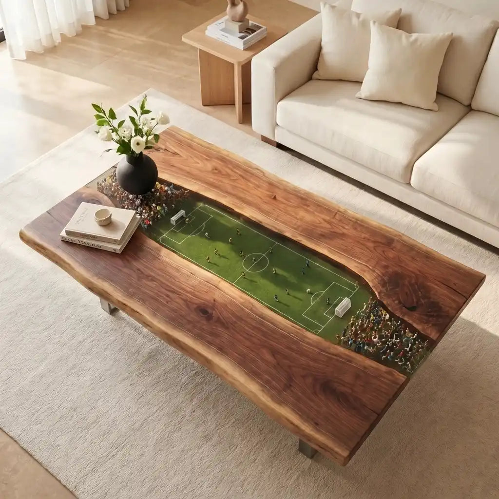 Walnut & 3D Soccer Stadium Resin Coffee Table WRT15