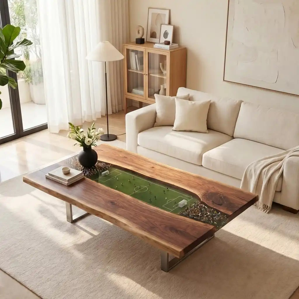 Walnut & 3D Soccer Stadium Resin Coffee Table WRT15