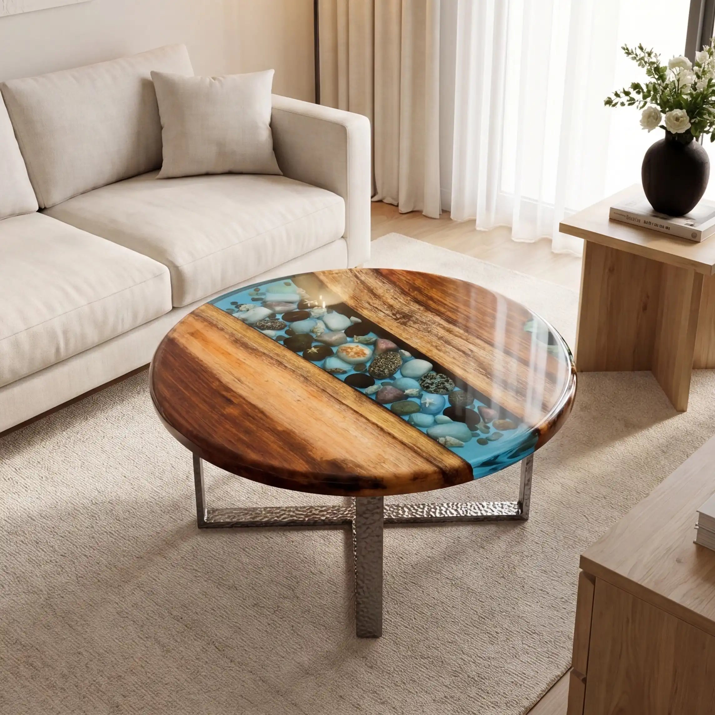 Walnut & Aqua Blue Pebble Resin Round Coffee Table WRT37