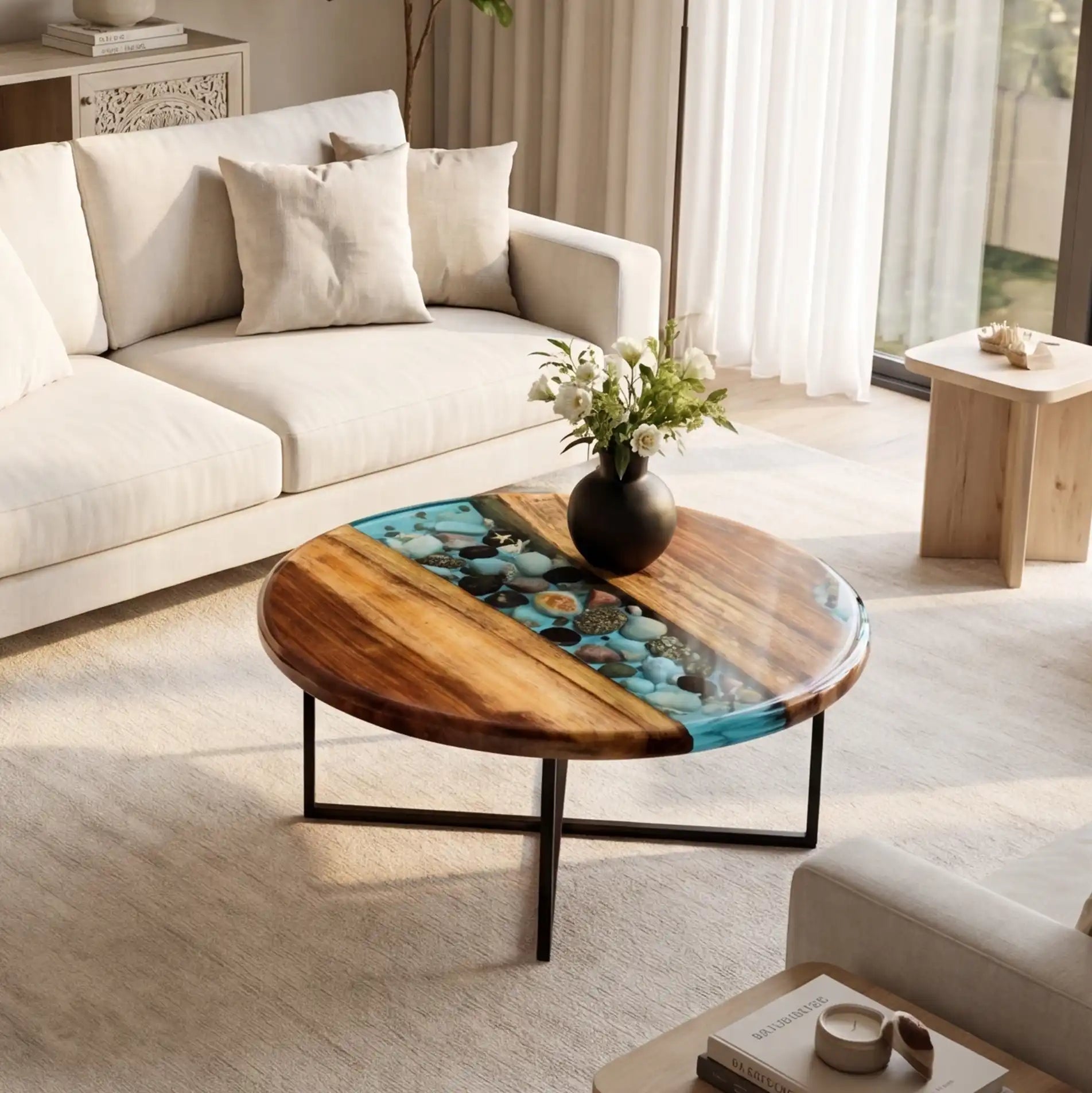 Walnut & Aqua Blue Pebble Resin Round Coffee Table WRT37