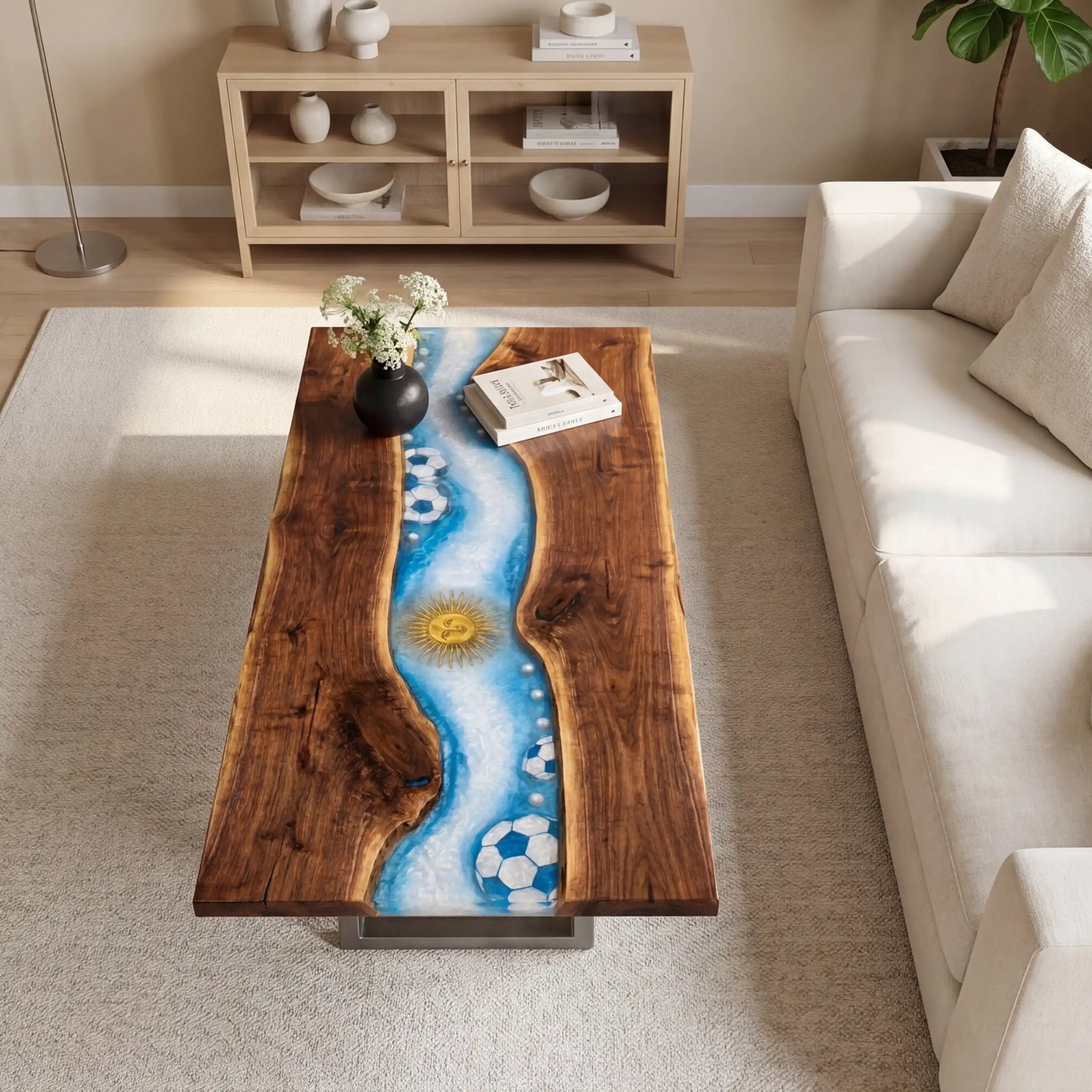 Walnut & Argentina Soccer Theme Resin Coffee Table WRT17