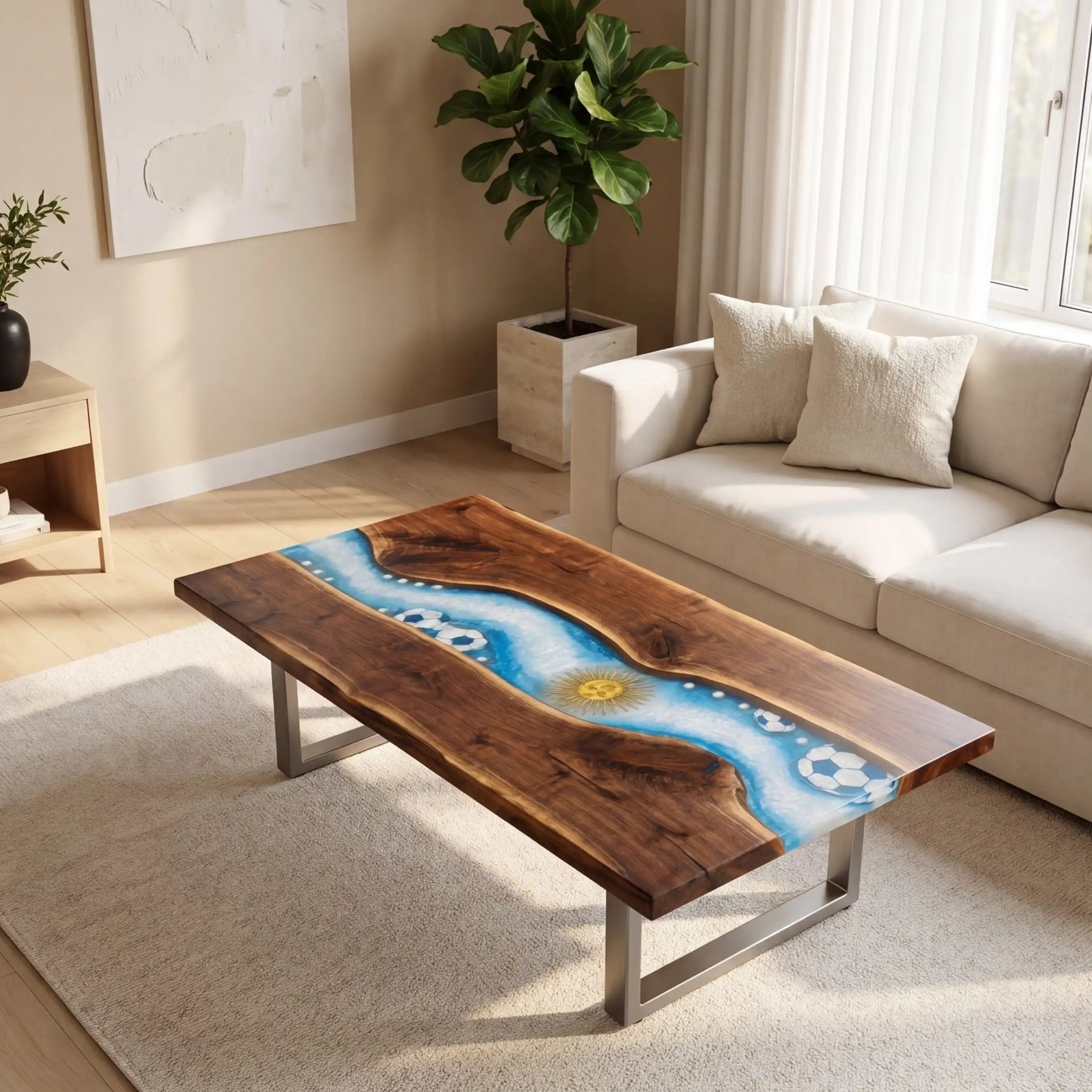 Walnut & Argentina Soccer Theme Resin Coffee Table WRT17