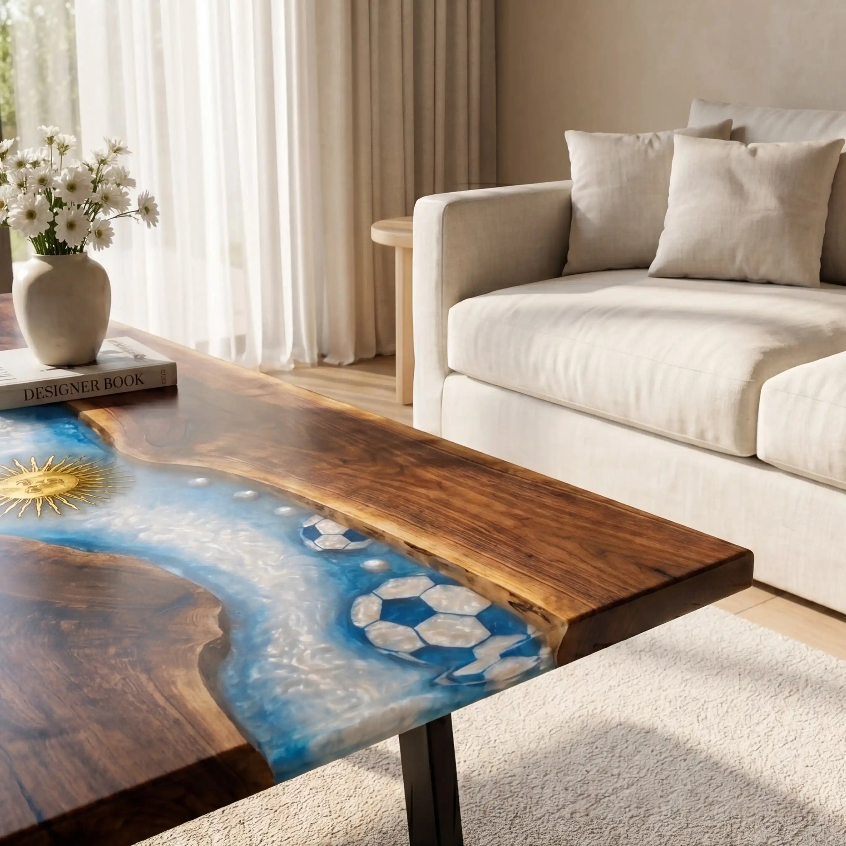 Walnut & Argentina Soccer Theme Resin Coffee Table WRT17
