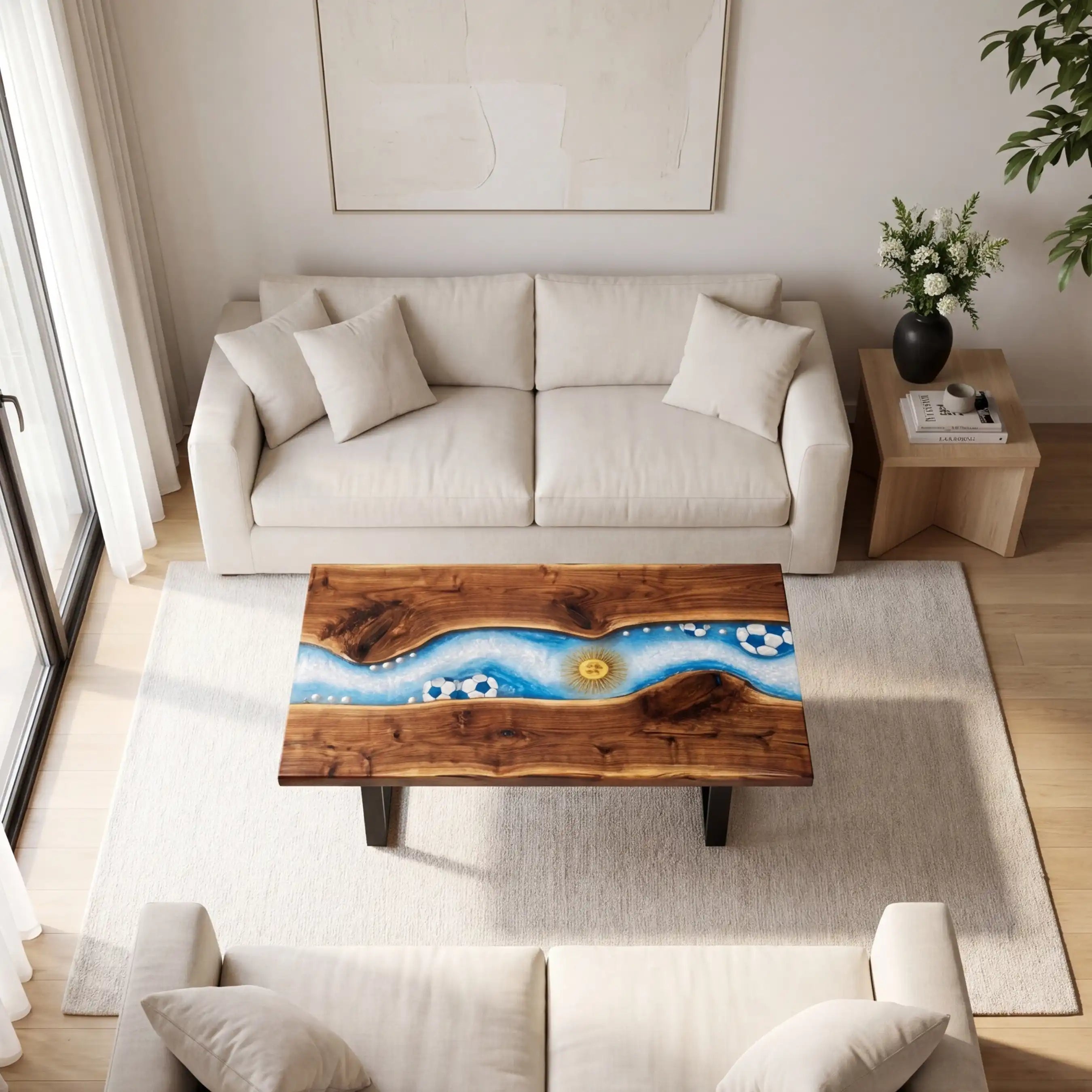 Walnut & Argentina Soccer Theme Resin Coffee Table WRT17