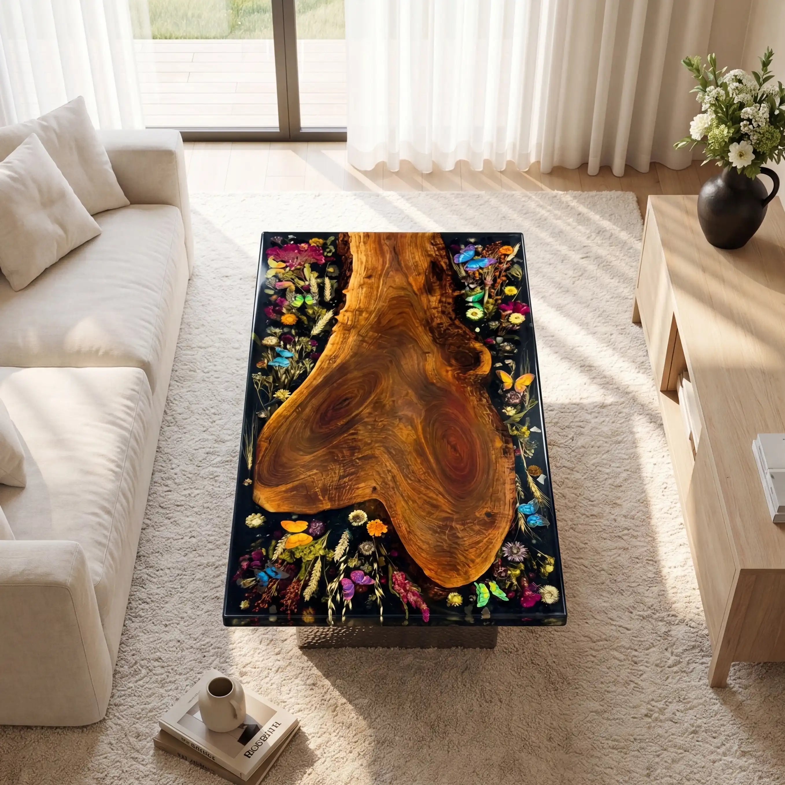Walnut & Black Floral Resin Coffee Table WRT38