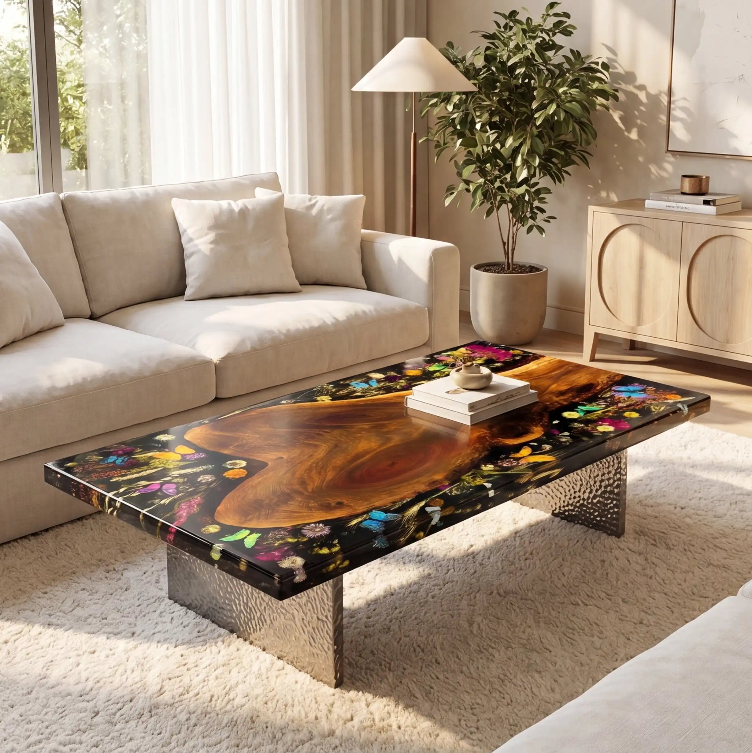 Walnut & Black Floral Resin Coffee Table WRT38