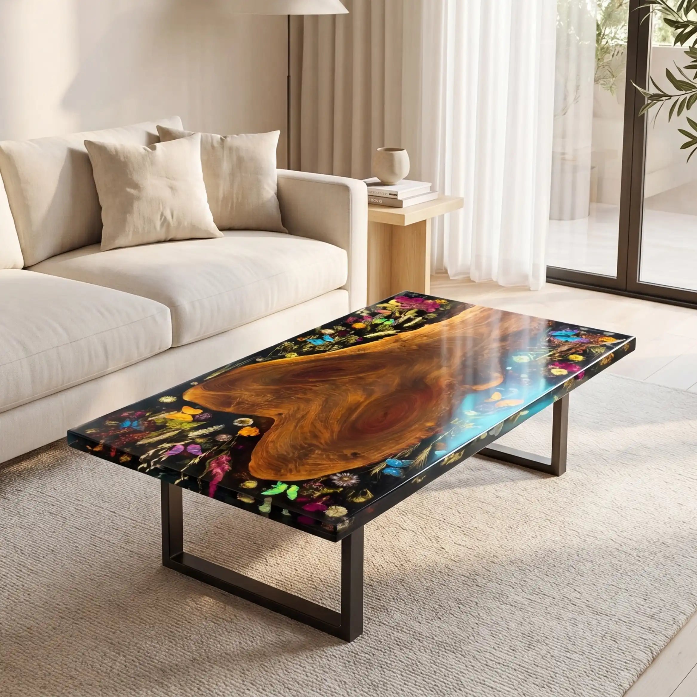 Walnut & Black Floral Resin Coffee Table WRT38