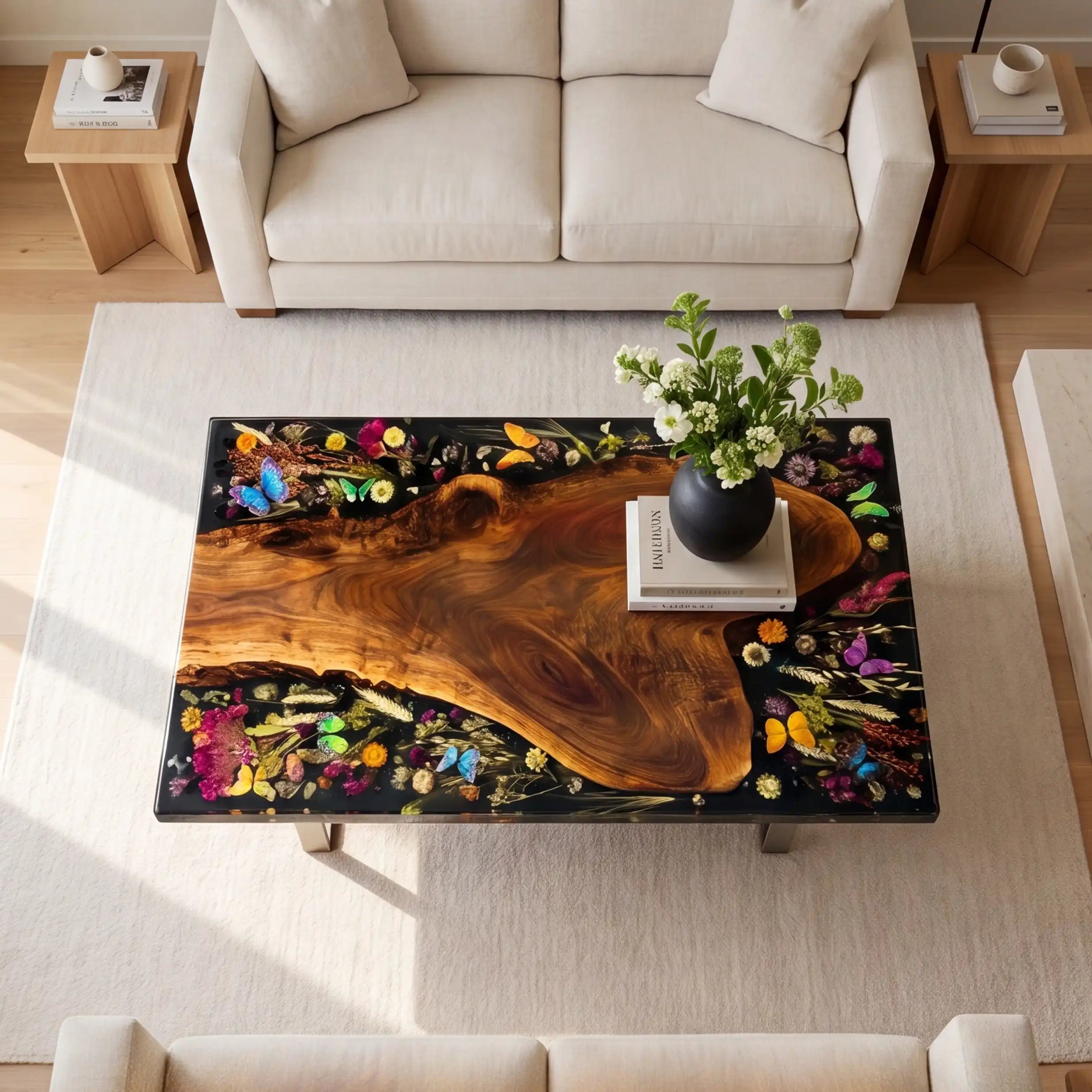 Walnut & Black Floral Resin Coffee Table WRT38