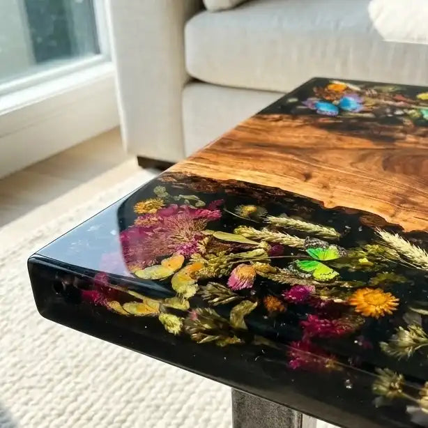 Walnut & Black Floral Resin Coffee Table WRT38