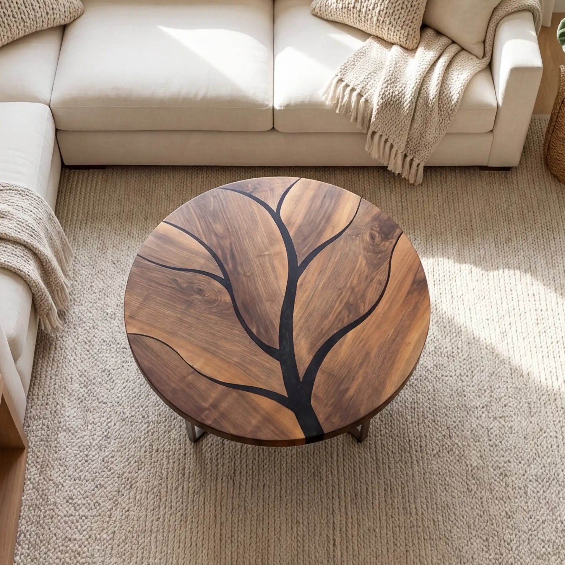 Walnut & Black Resin Branch Round Coffee Table WRT31