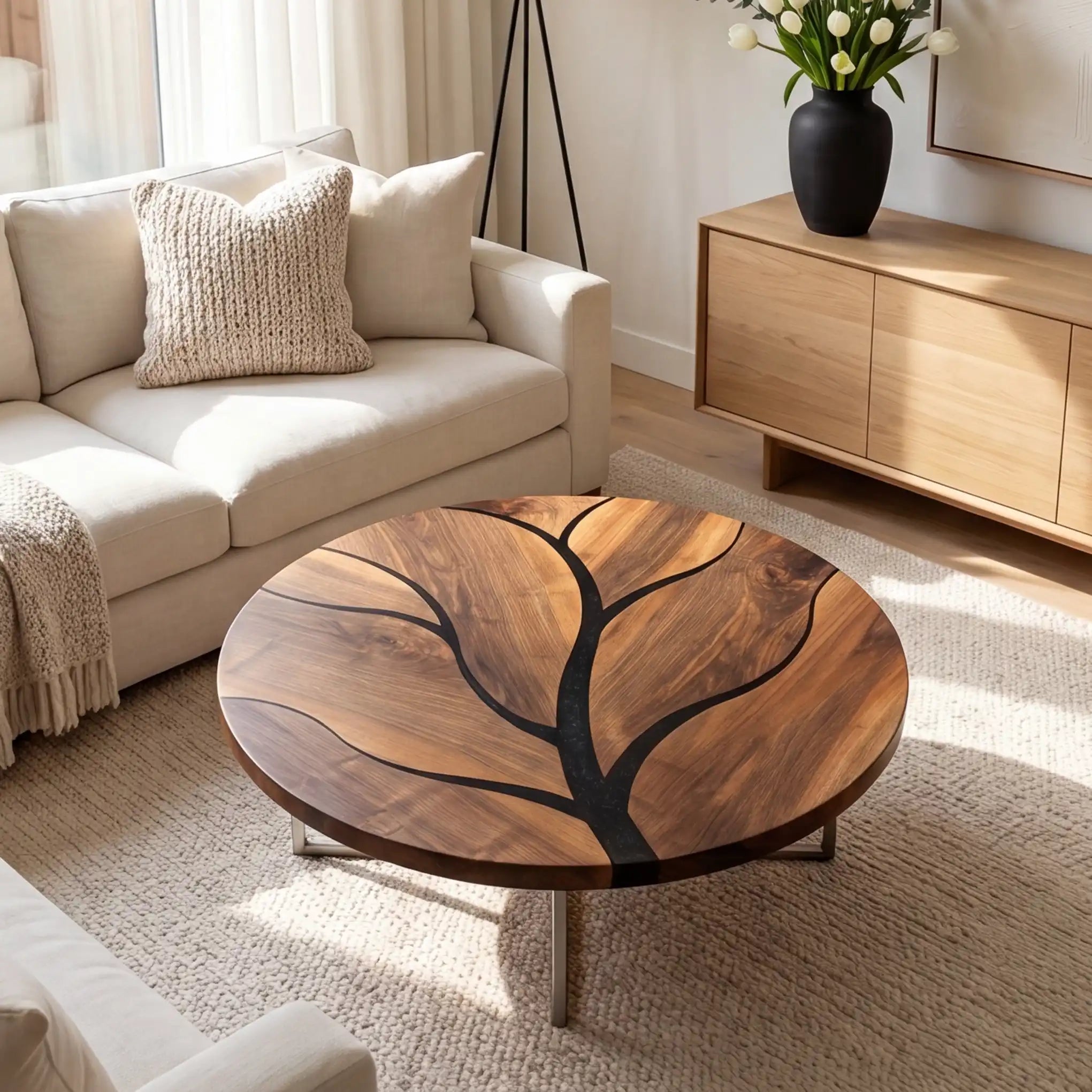 Walnut & Black Resin Branch Round Coffee Table WRT31