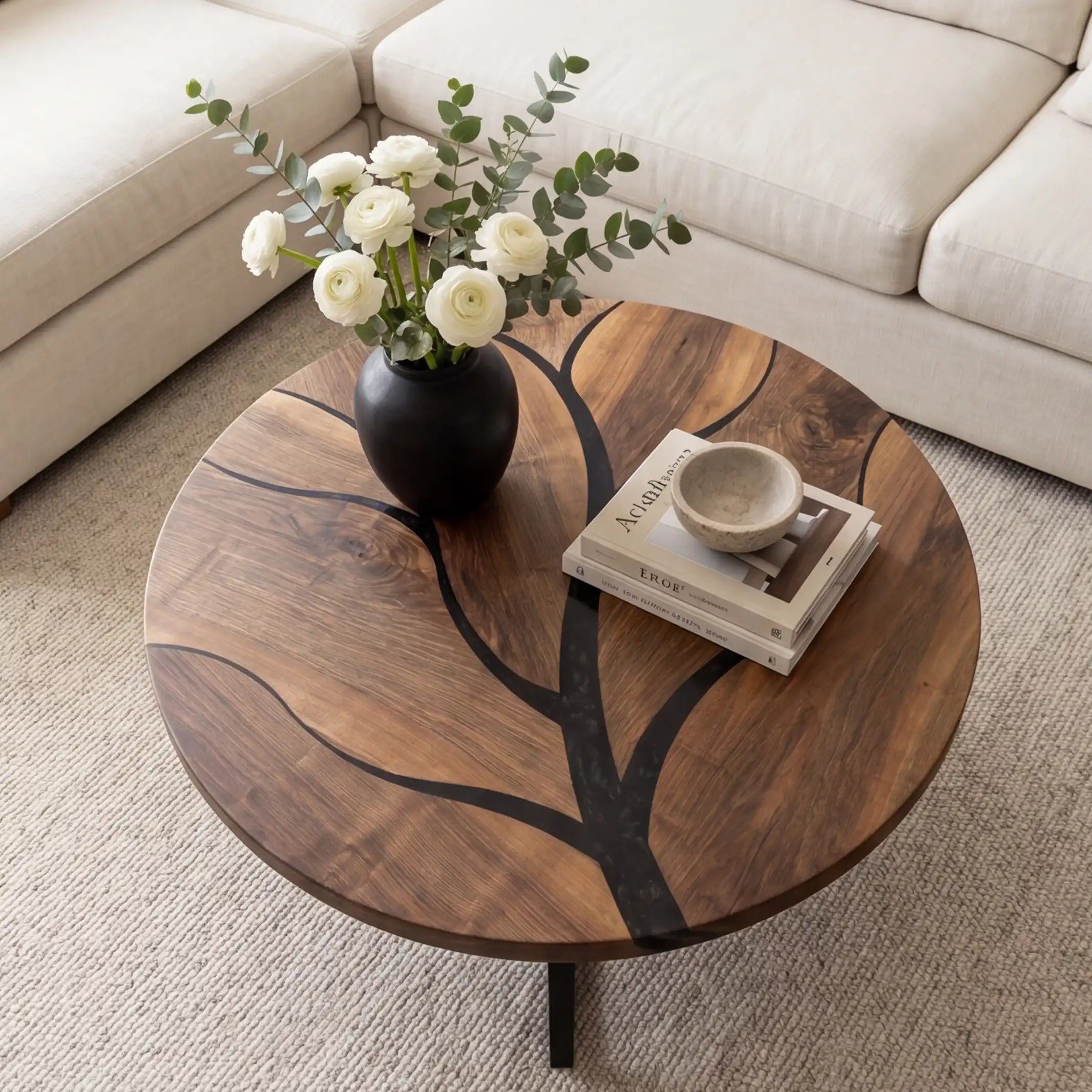 Walnut & Black Resin Branch Round Coffee Table WRT31