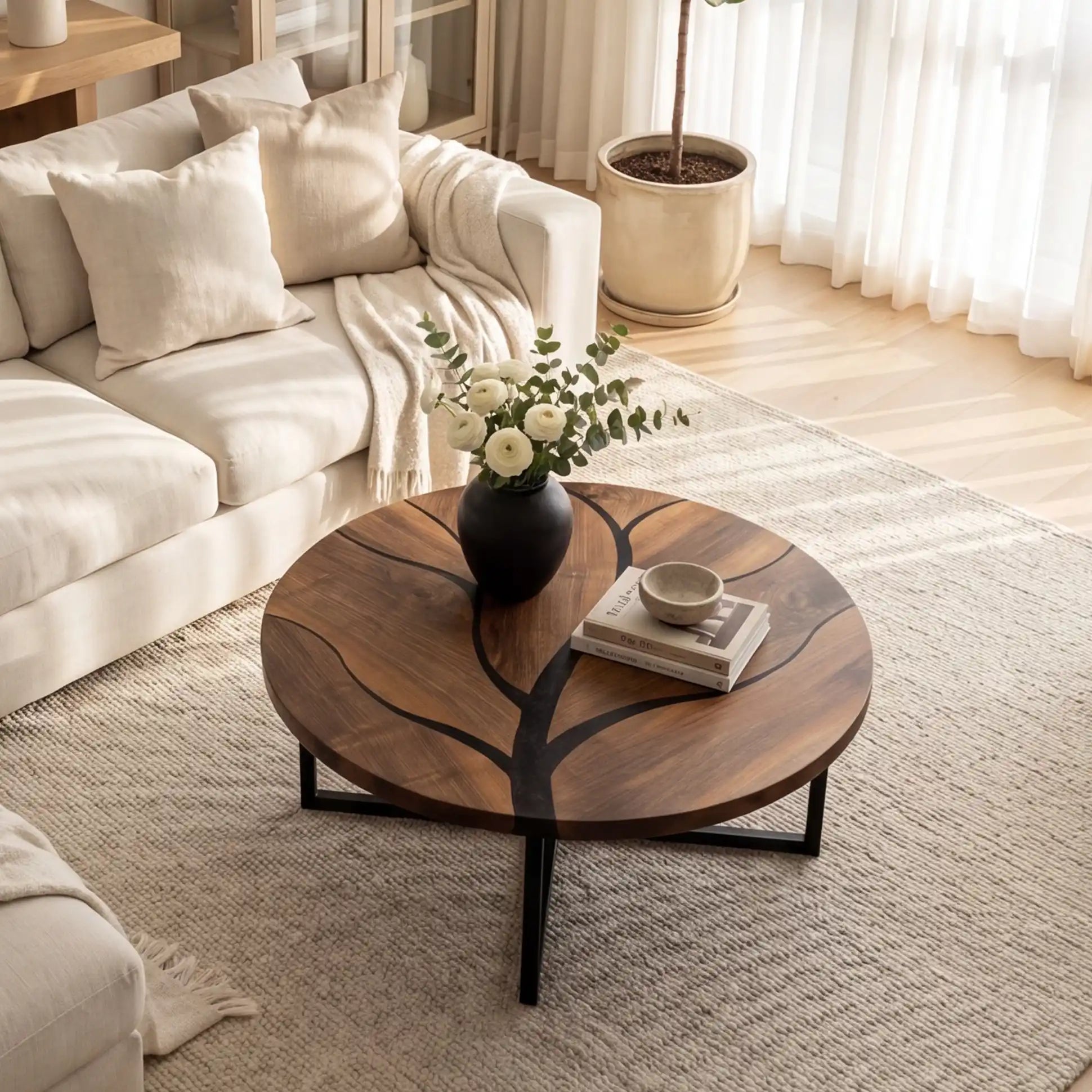 Walnut & Black Resin Branch Round Coffee Table WRT31