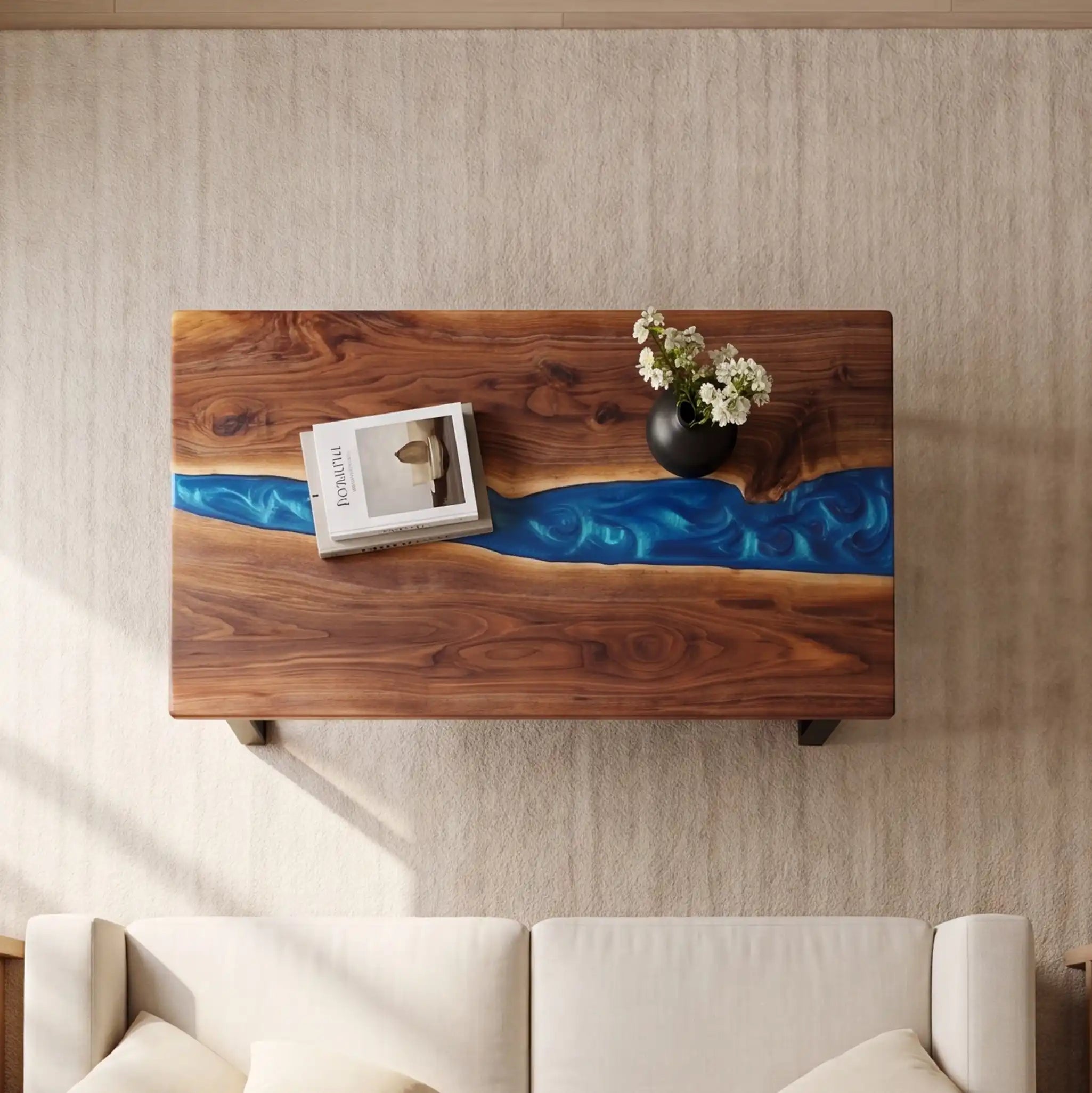 Walnut & Blue Resin Coffee Table  WBT2