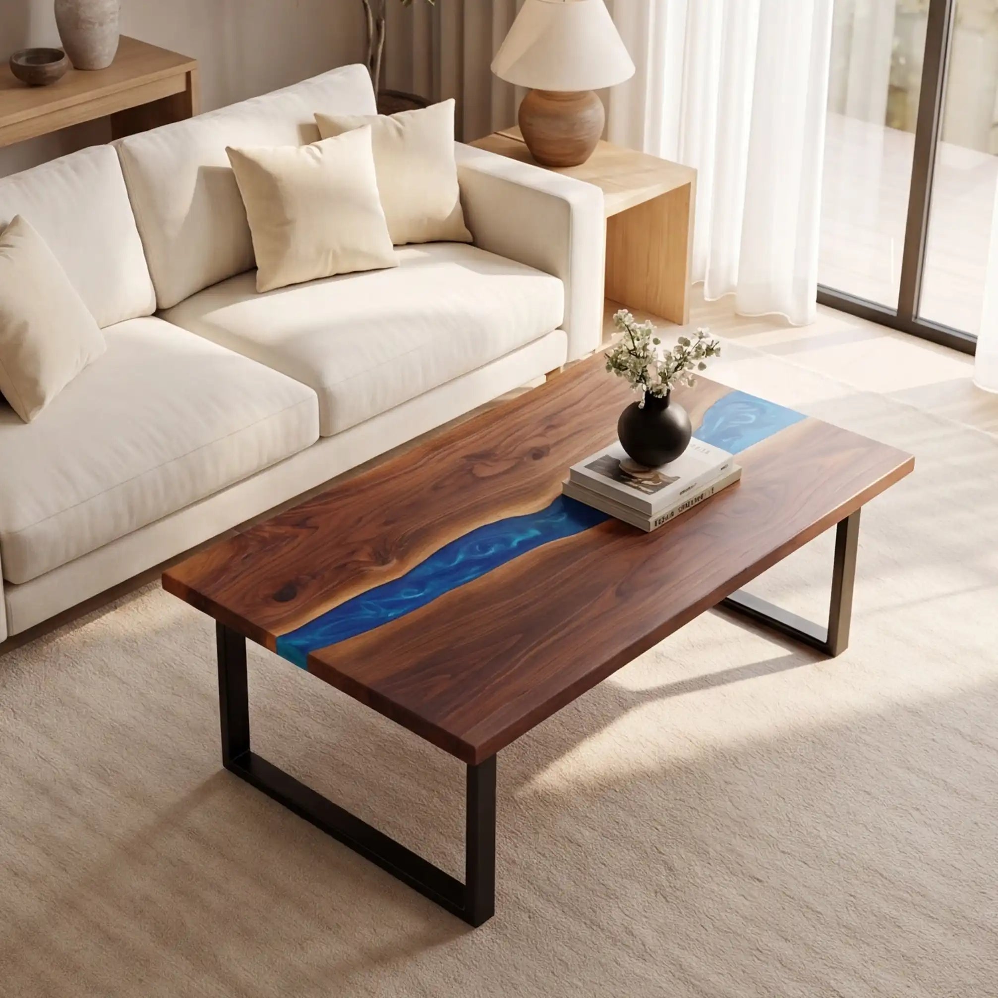 Walnut & Blue Resin Coffee Table  WBT2