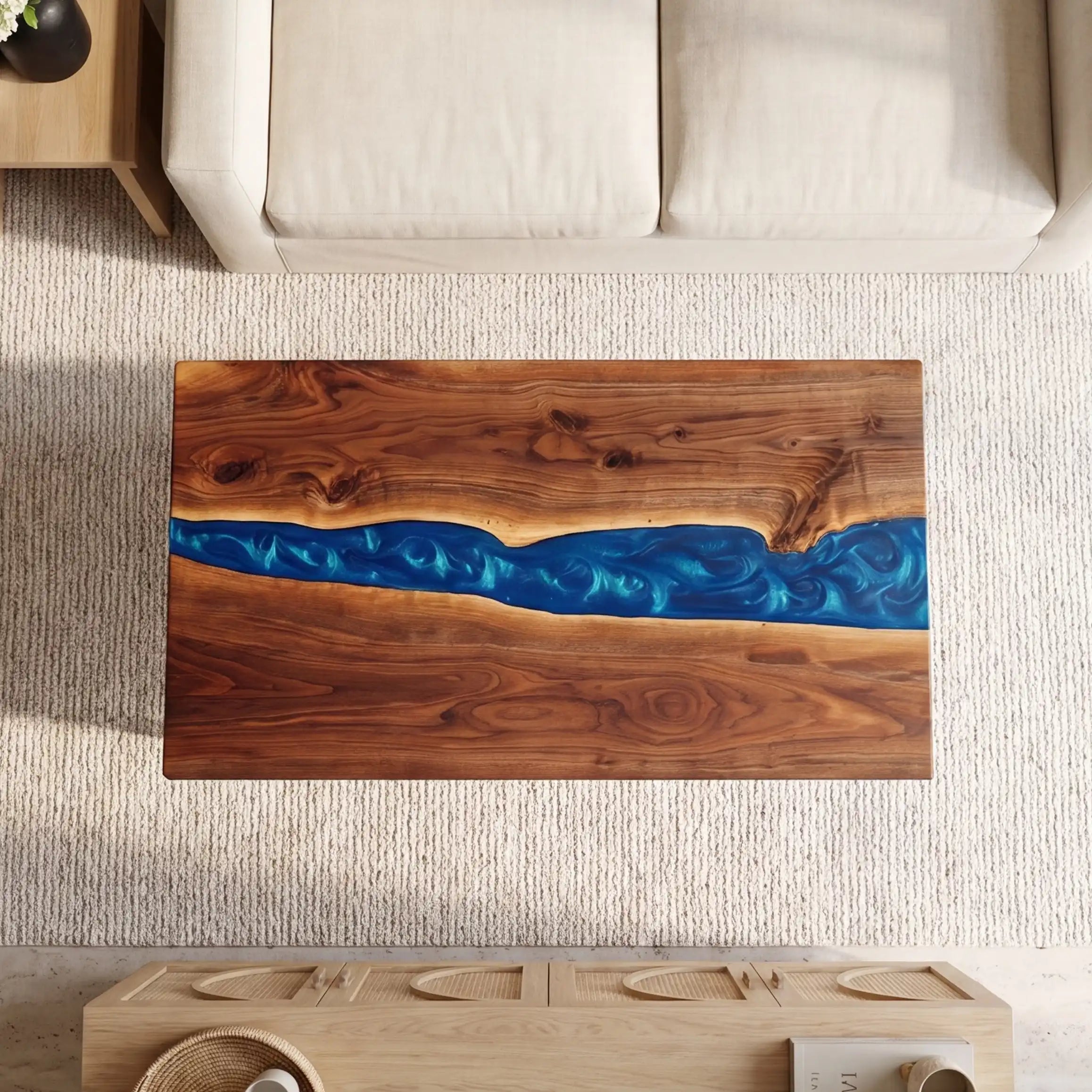 Walnut & Blue Resin Coffee Table  WBT2