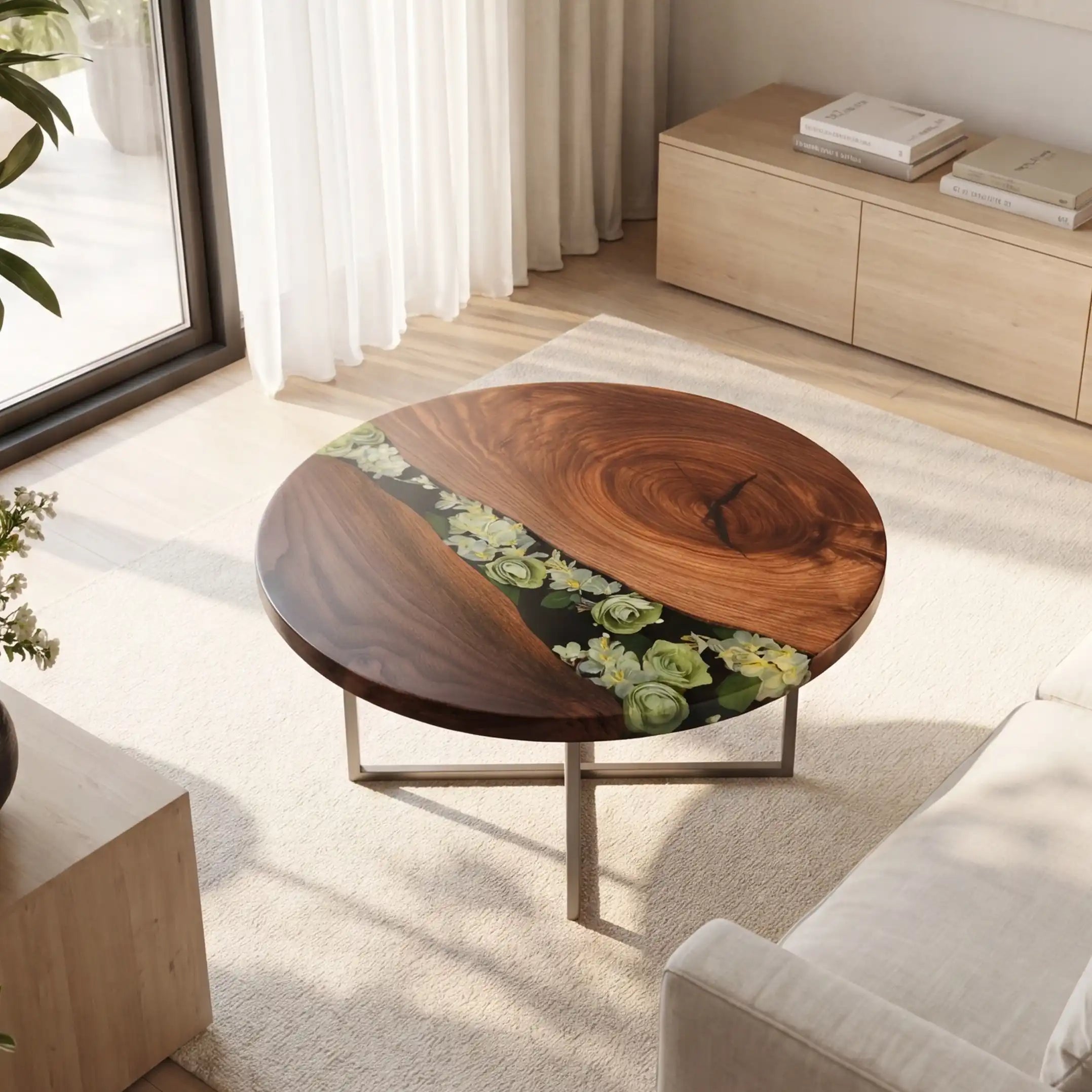 Walnut & Botanical Floral Resin Round Coffee Table WRT10