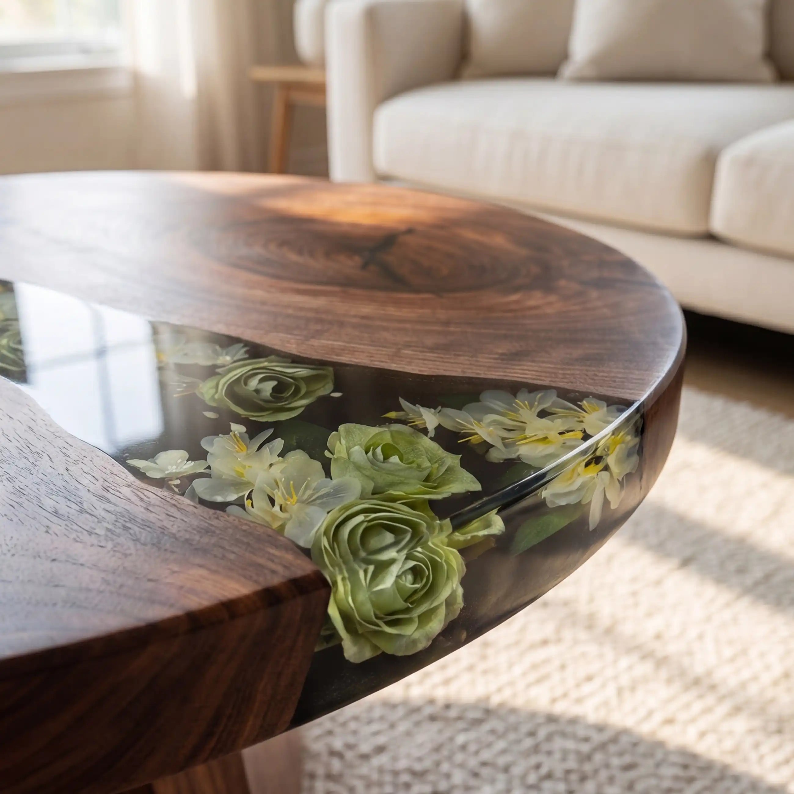 Walnut & Botanical Floral Resin Round Coffee Table WRT10