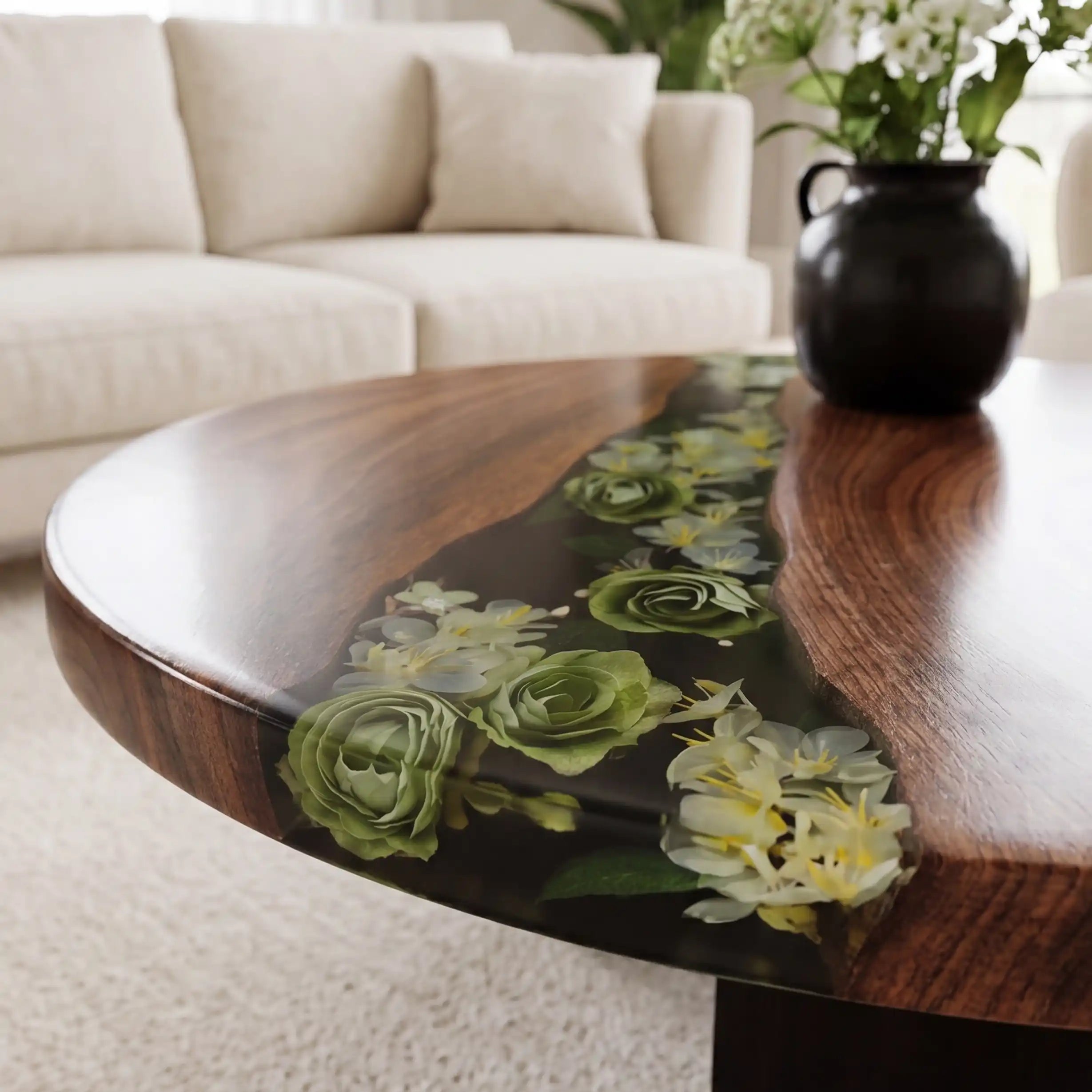 Walnut & Botanical Floral Resin Round Coffee Table WRT10