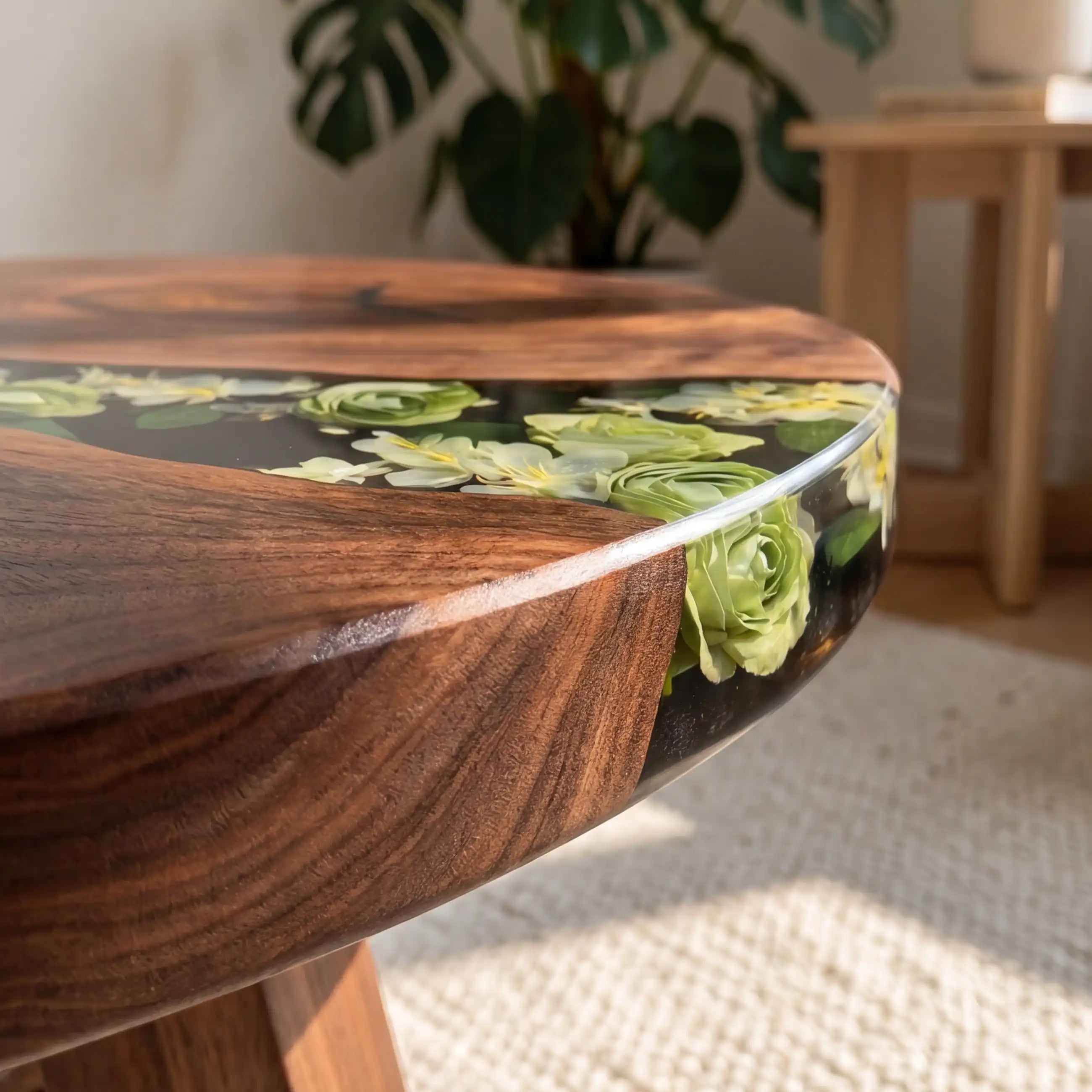 Walnut & Botanical Floral Resin Round Coffee Table WRT10