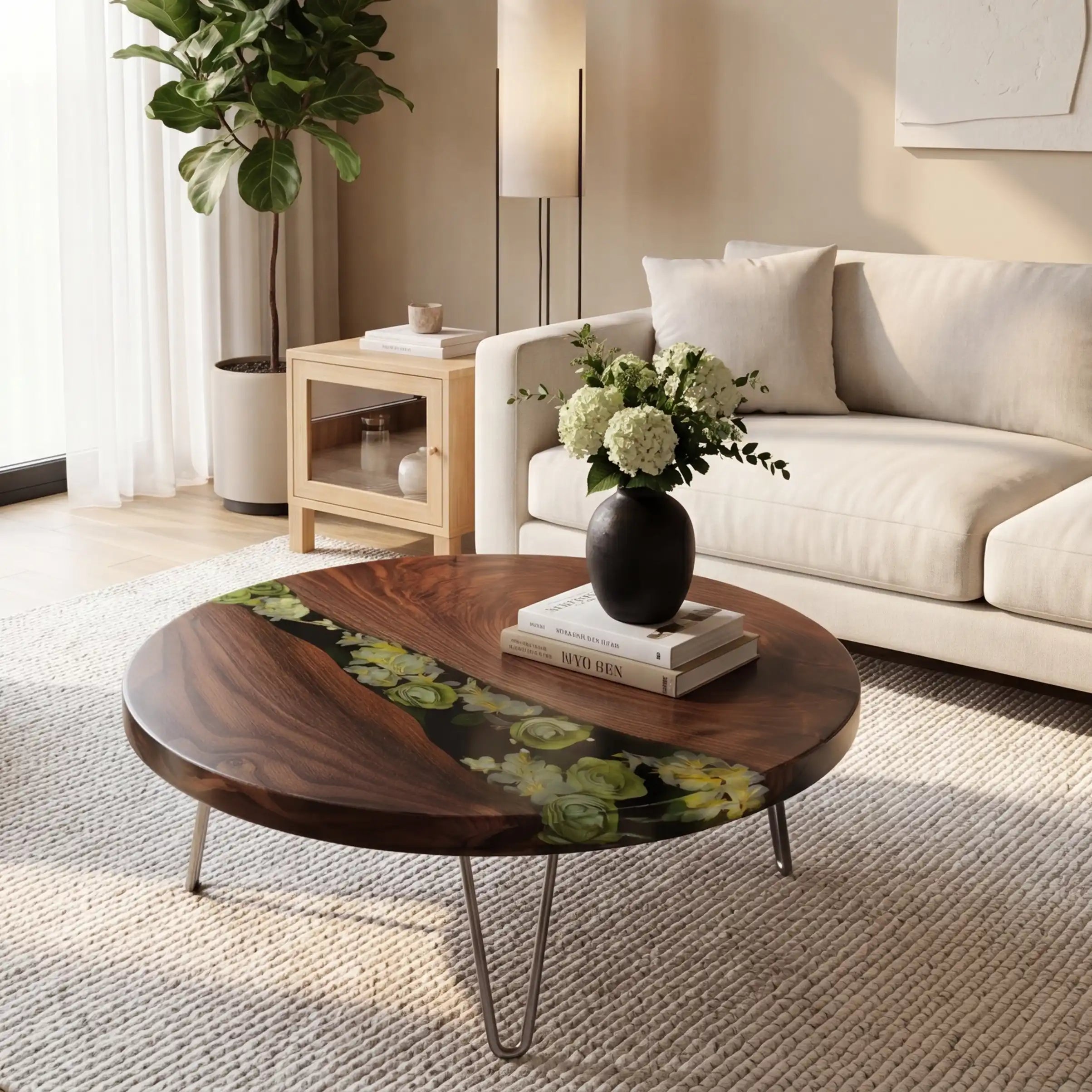 Walnut & Botanical Floral Resin Round Coffee Table WRT10