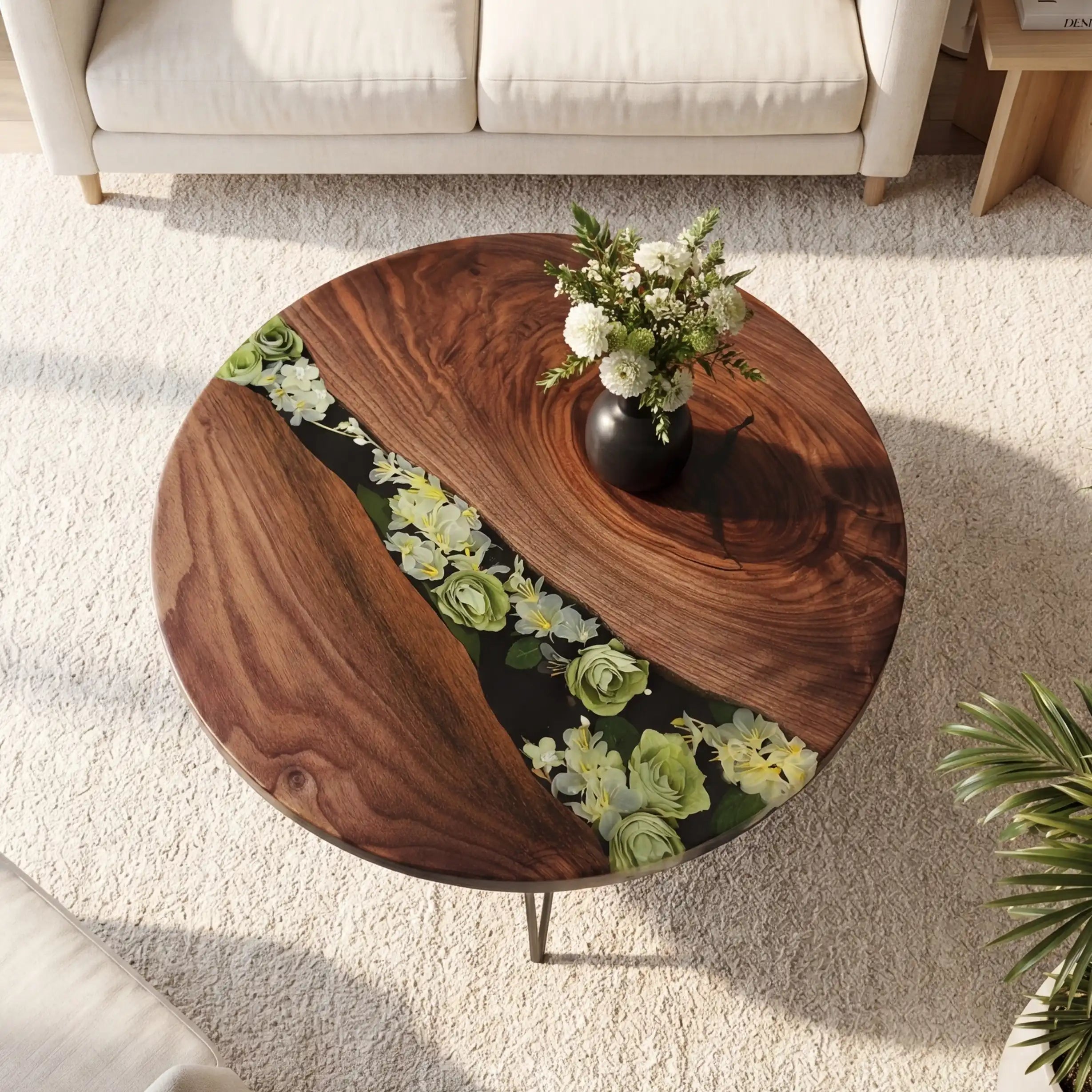 Walnut & Botanical Floral Resin Round Coffee Table WRT10