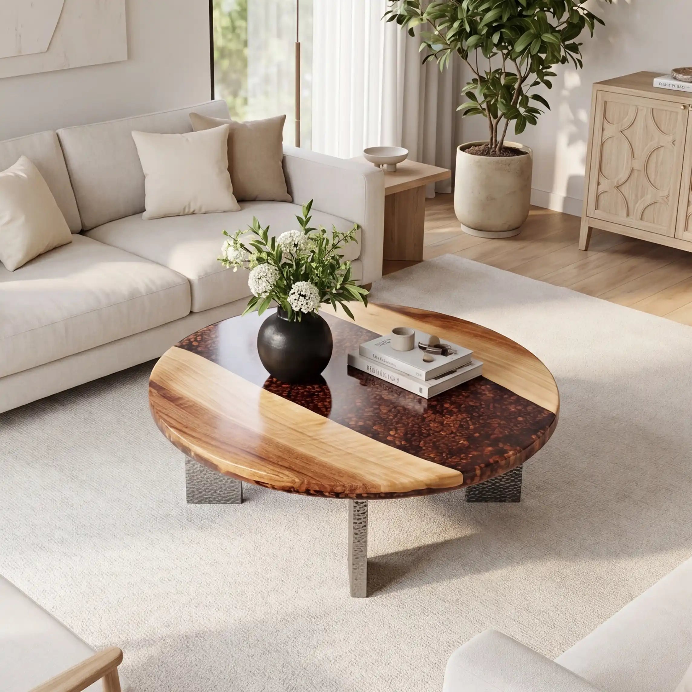 Walnut & Coffee Bean Resin Round Coffee Table WRT35