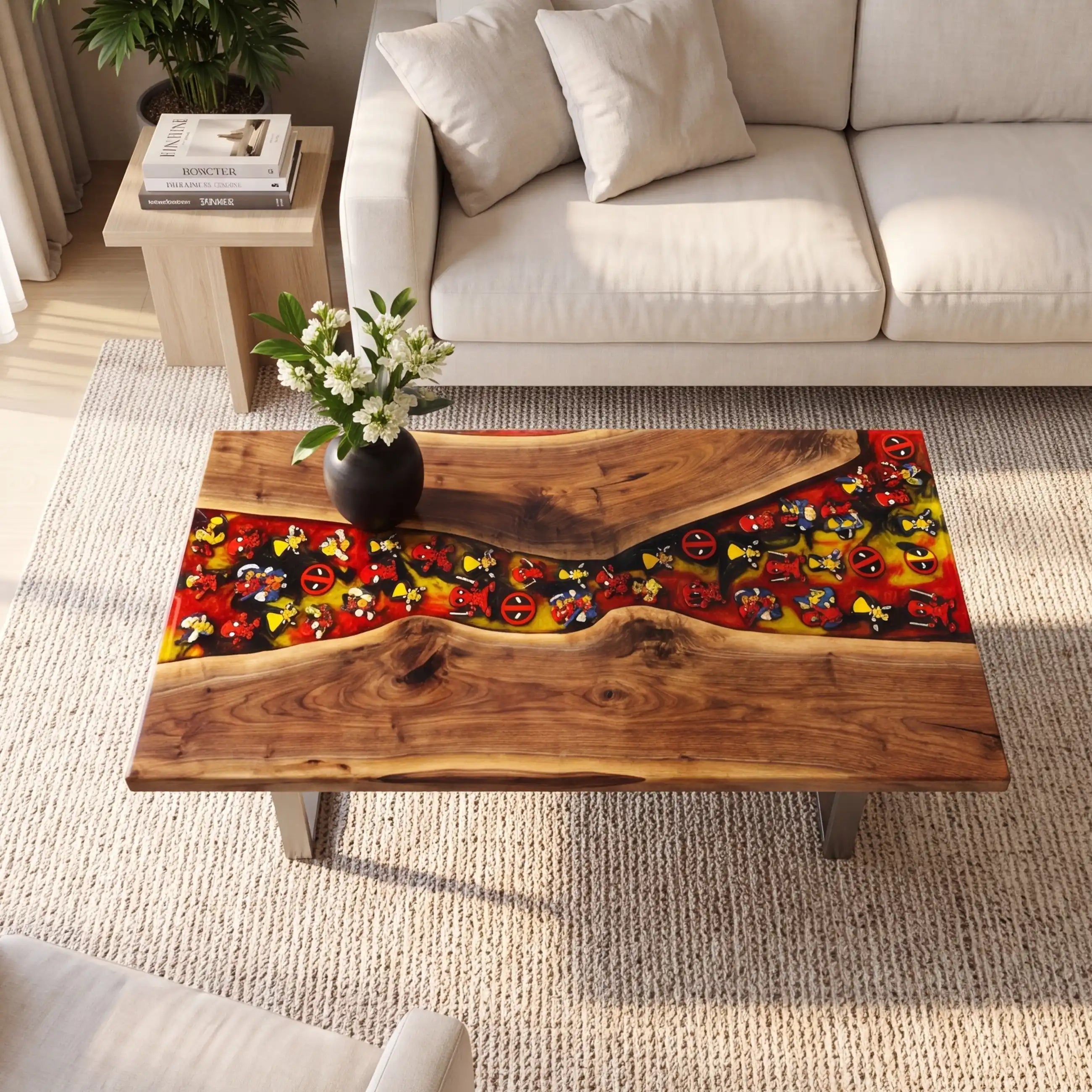 Walnut & Crimson Red Bottle Cap Resin Coffee Table WRT50