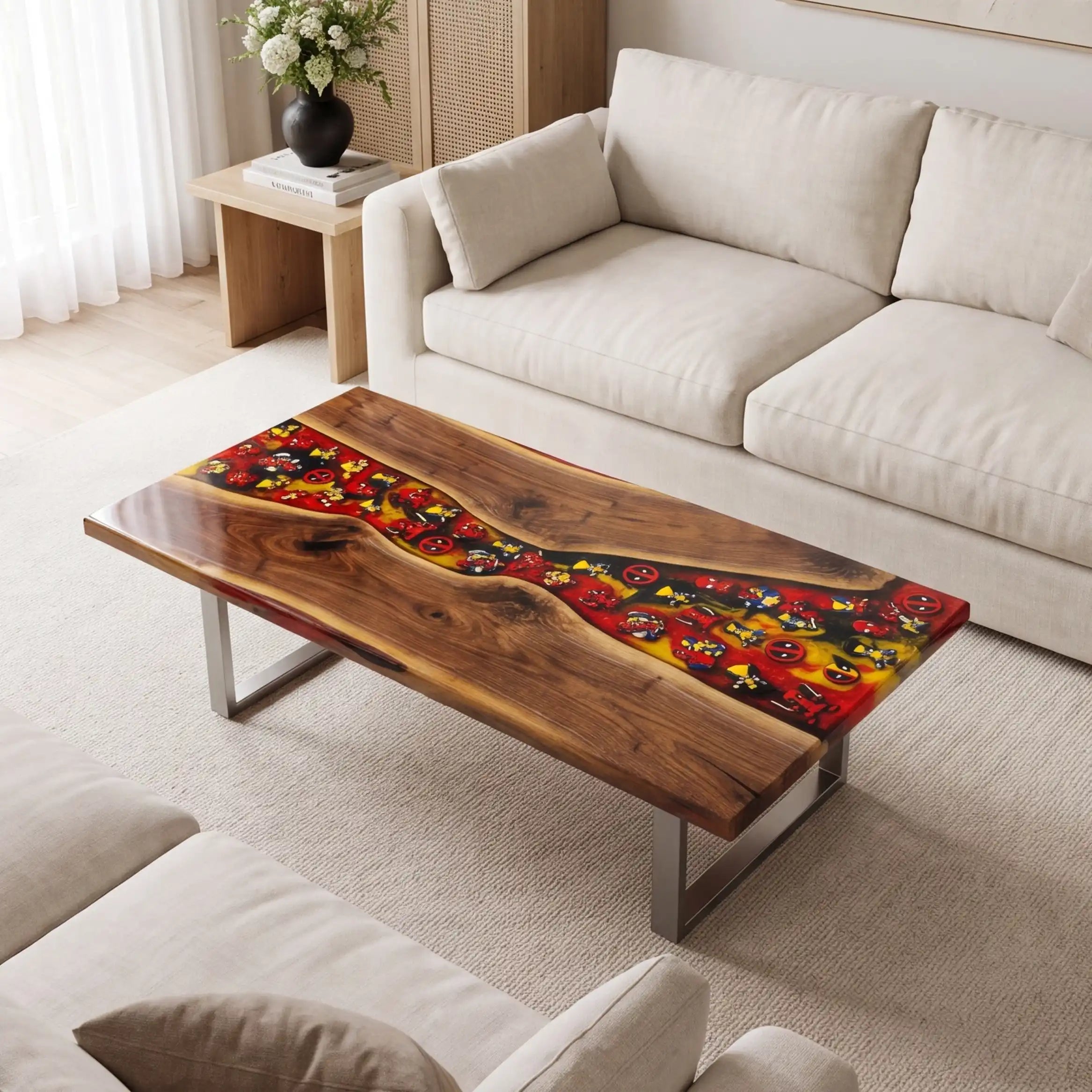 Walnut & Crimson Red Bottle Cap Resin Coffee Table WRT50