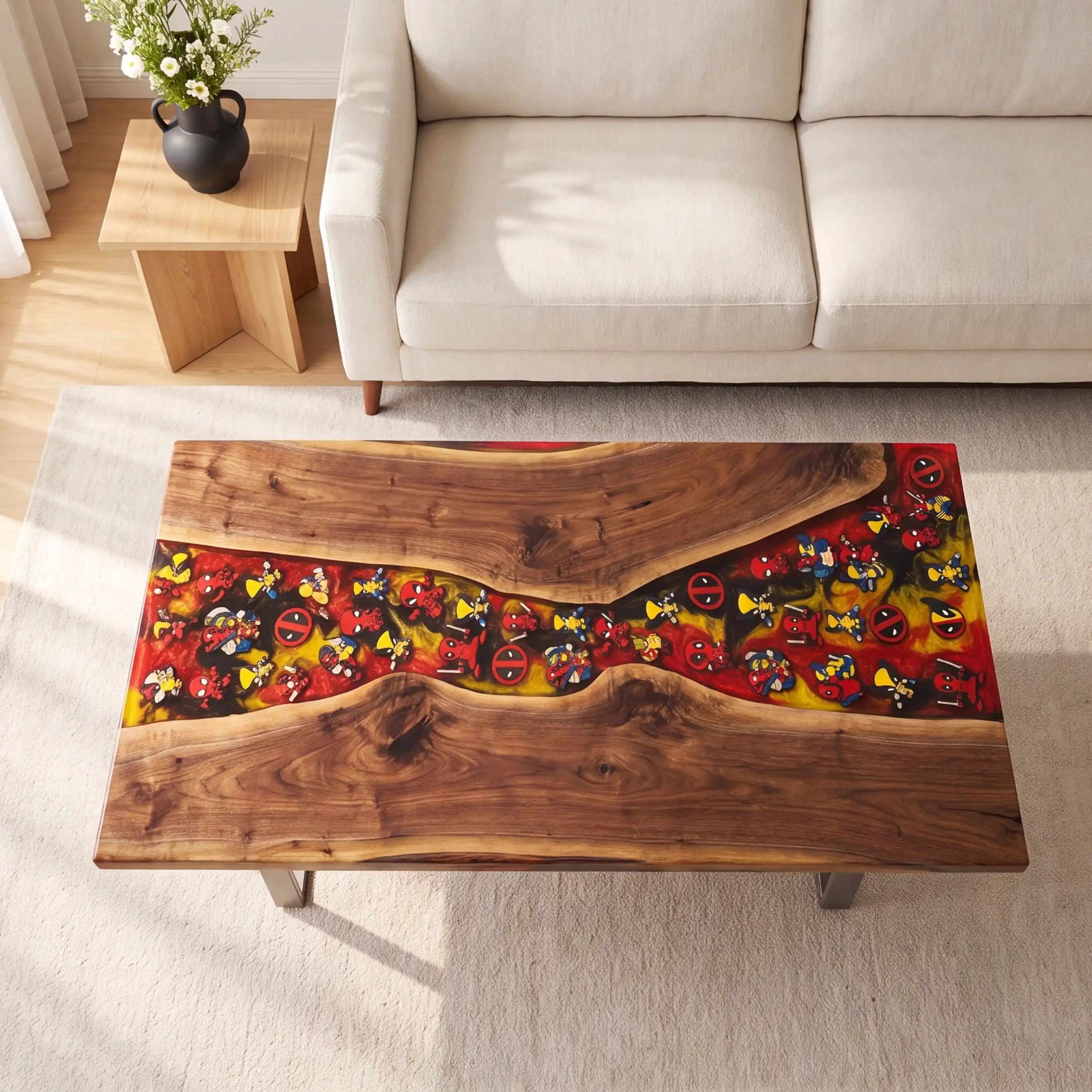 Walnut & Crimson Red Bottle Cap Resin Coffee Table WRT50