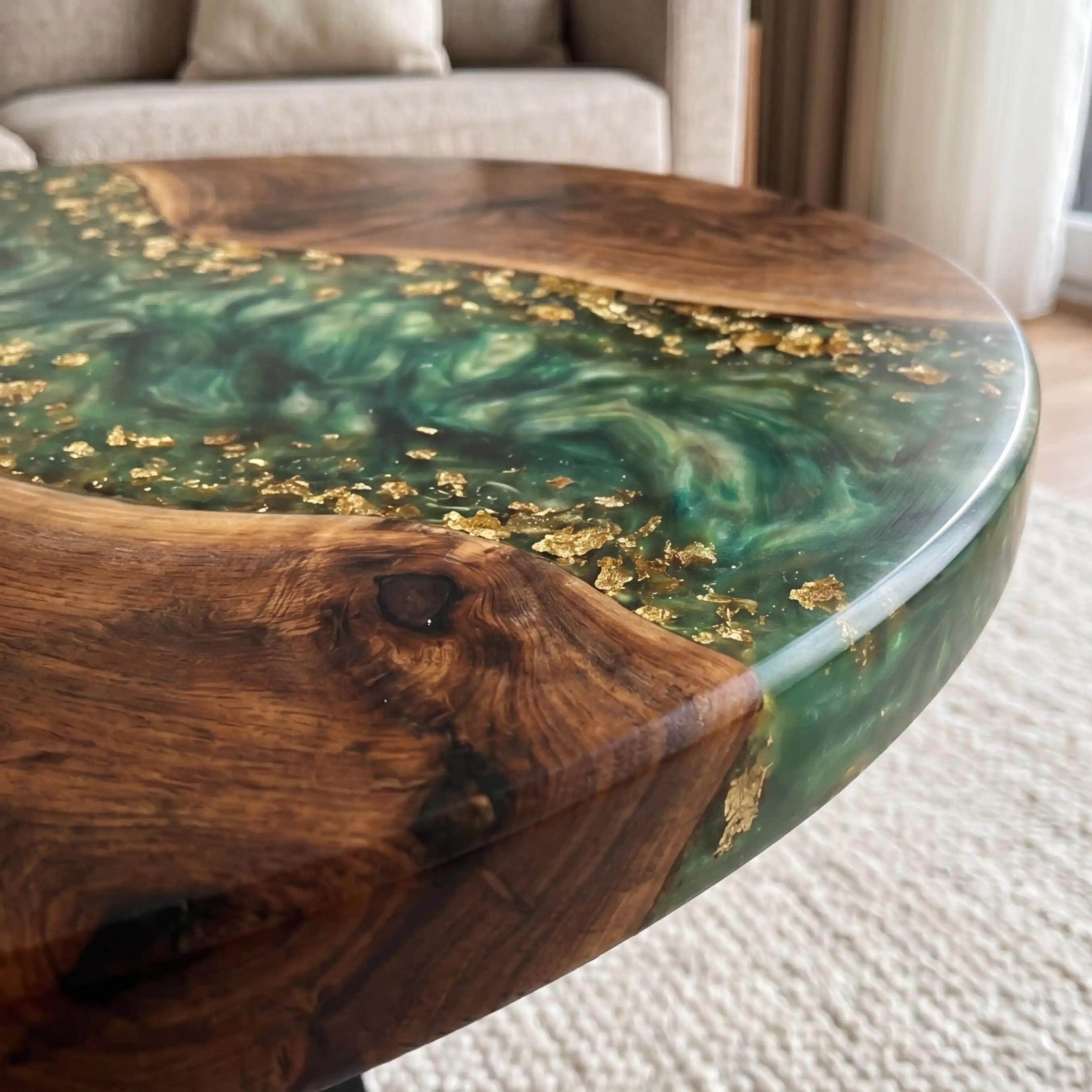 Walnut & Emerald Green Gold Resin Round Coffee Table WRT28