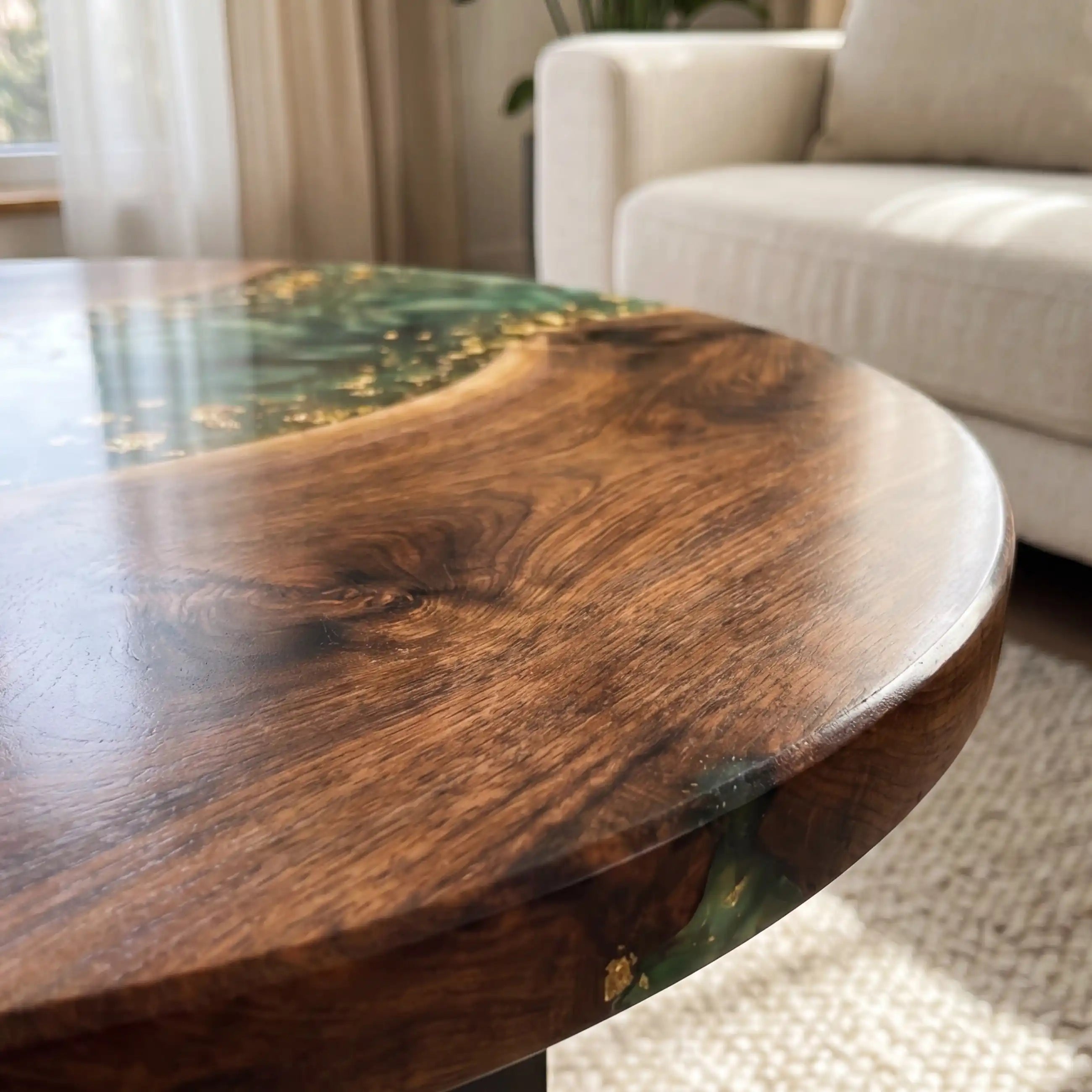 Walnut & Emerald Green Gold Resin Round Coffee Table WRT28