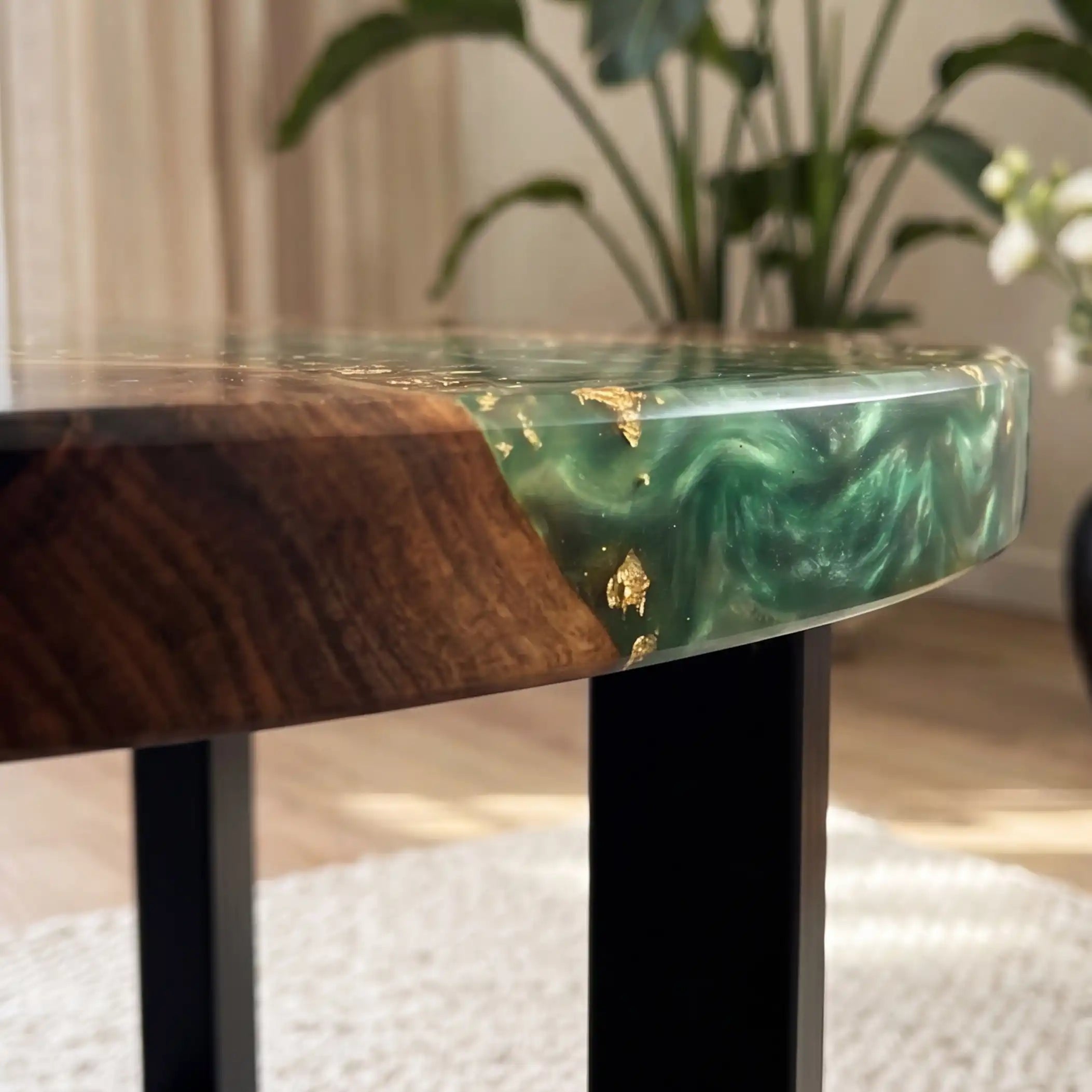 Walnut & Emerald Green Gold Resin Round Coffee Table WRT28