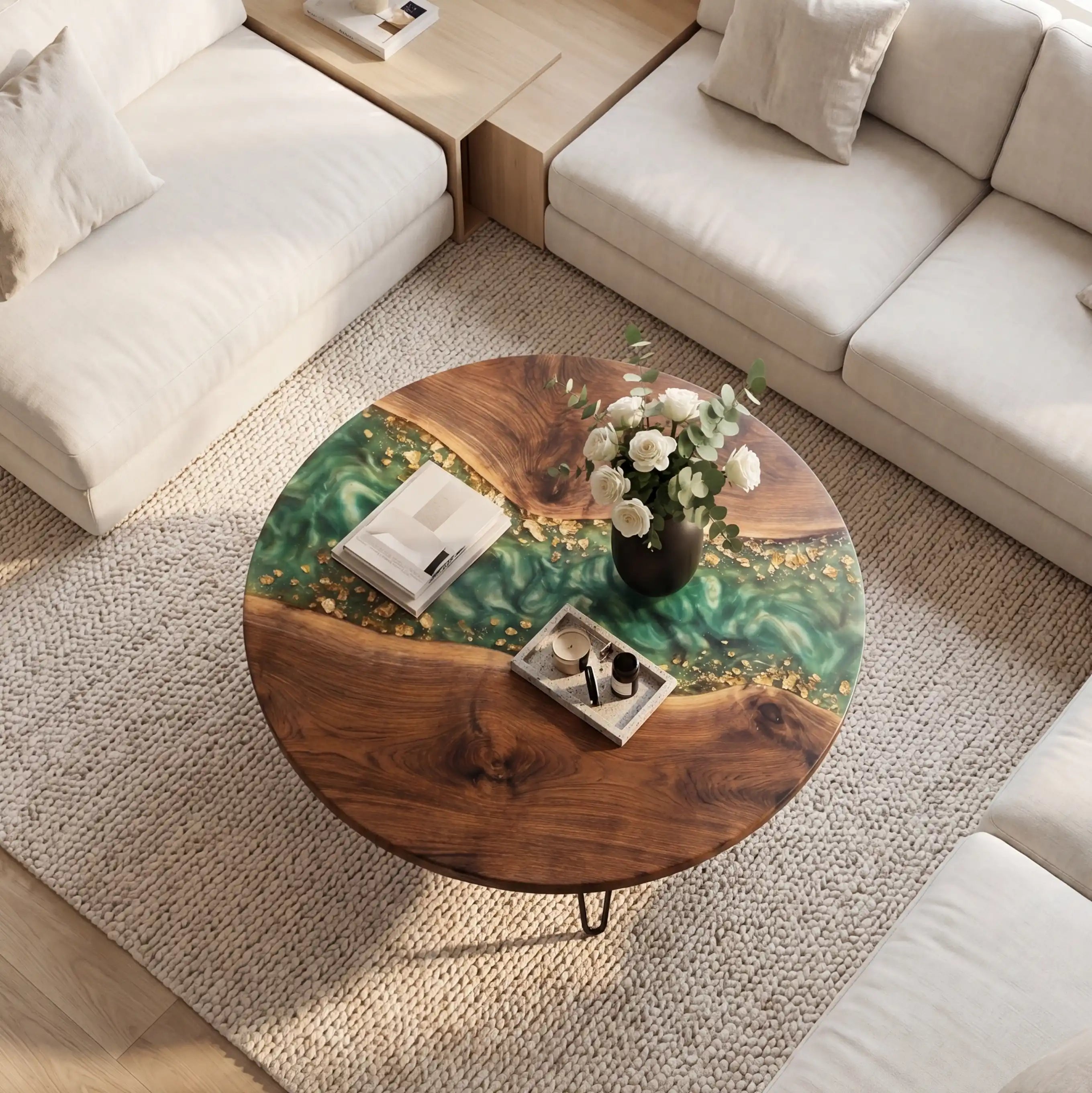Walnut & Emerald Green Gold Resin Round Coffee Table WRT28