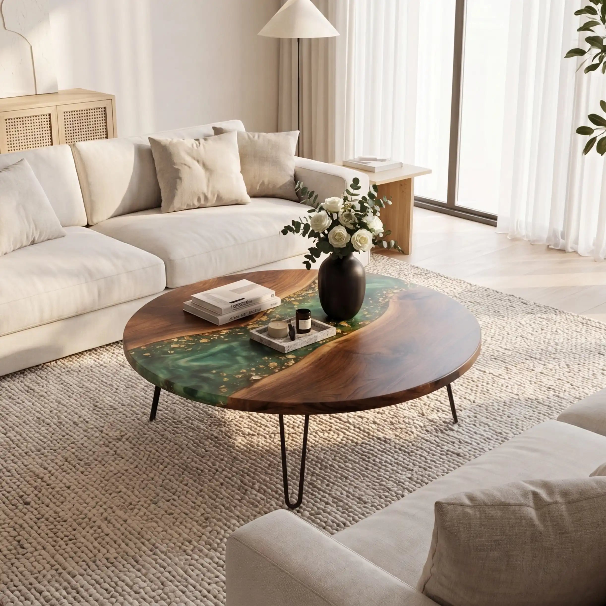 Walnut & Emerald Green Gold Resin Round Coffee Table WRT28