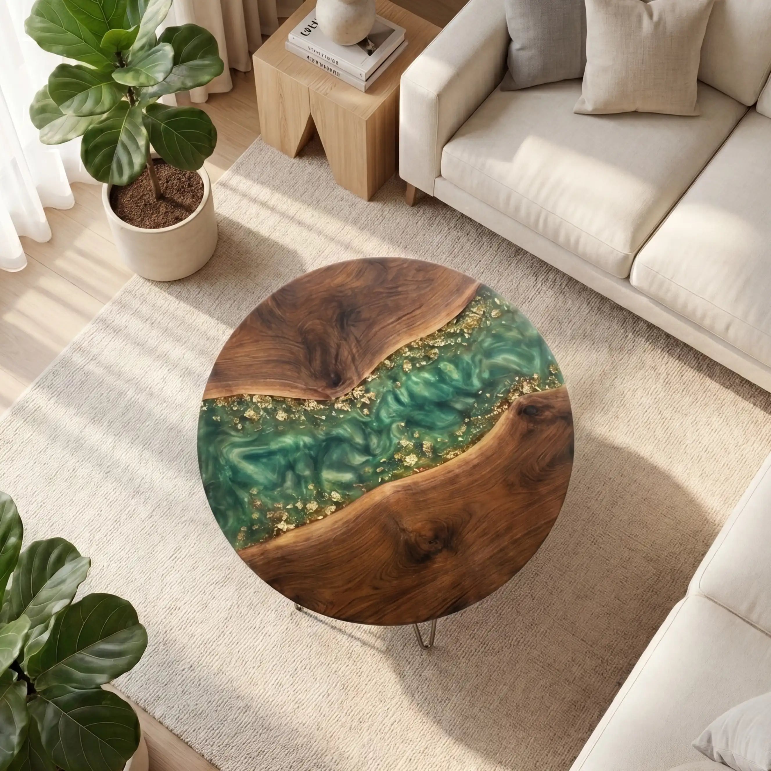 Walnut & Emerald Green Gold Resin Round Coffee Table WRT28