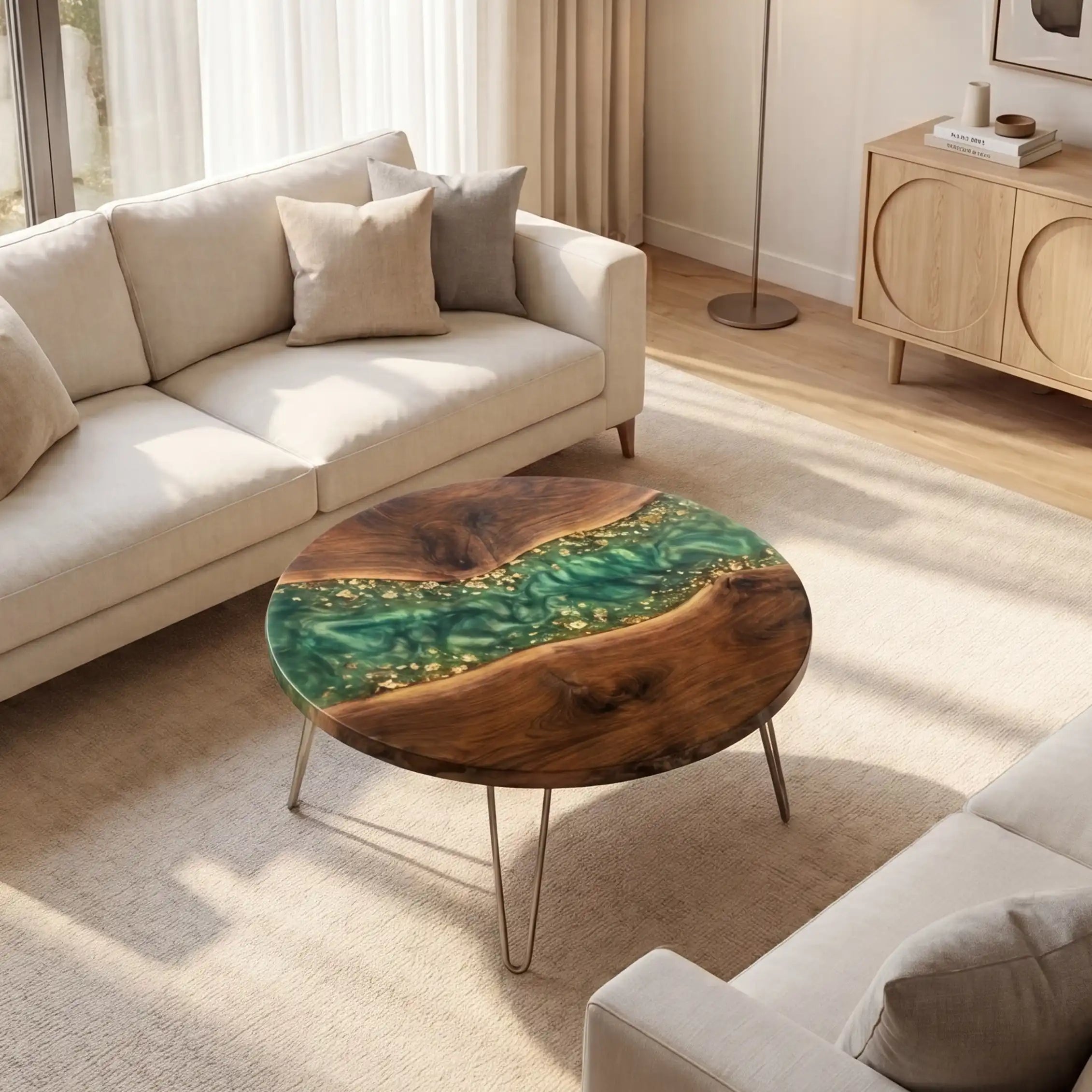 Walnut & Emerald Green Gold Resin Round Coffee Table WRT28