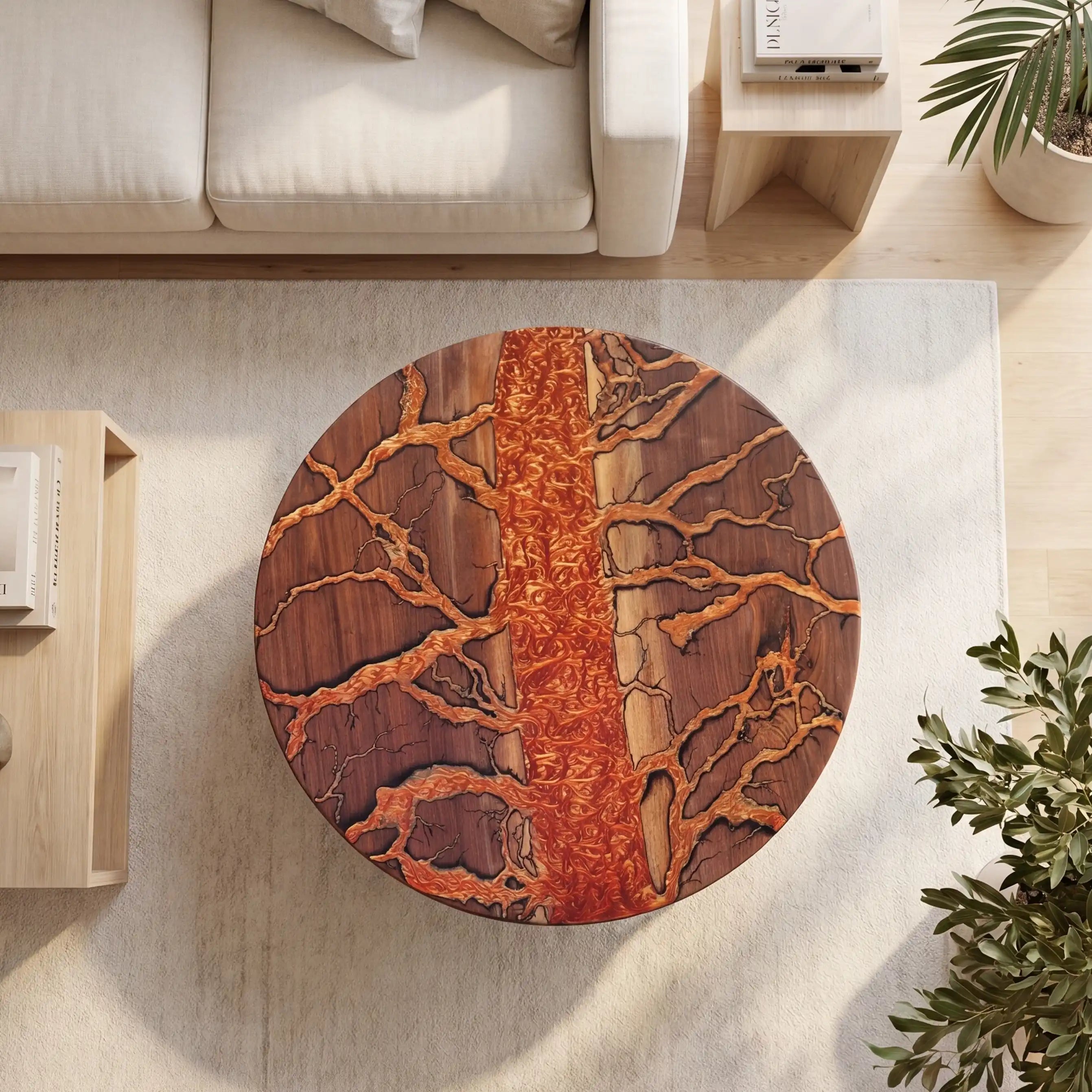Walnut & Fiery Orange Resin Round Coffee Table WRT33