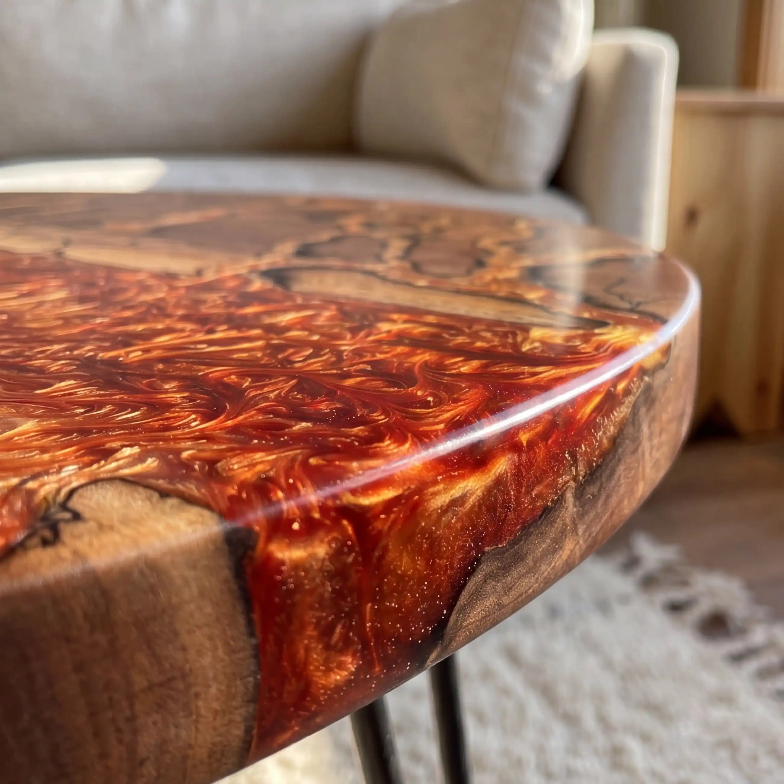 Walnut & Fiery Orange Resin Round Coffee Table WRT33