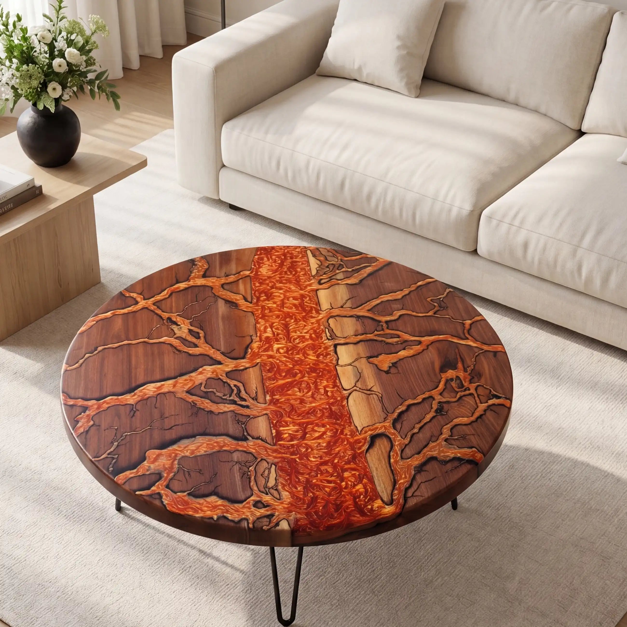 Walnut & Fiery Orange Resin Round Coffee Table WRT33
