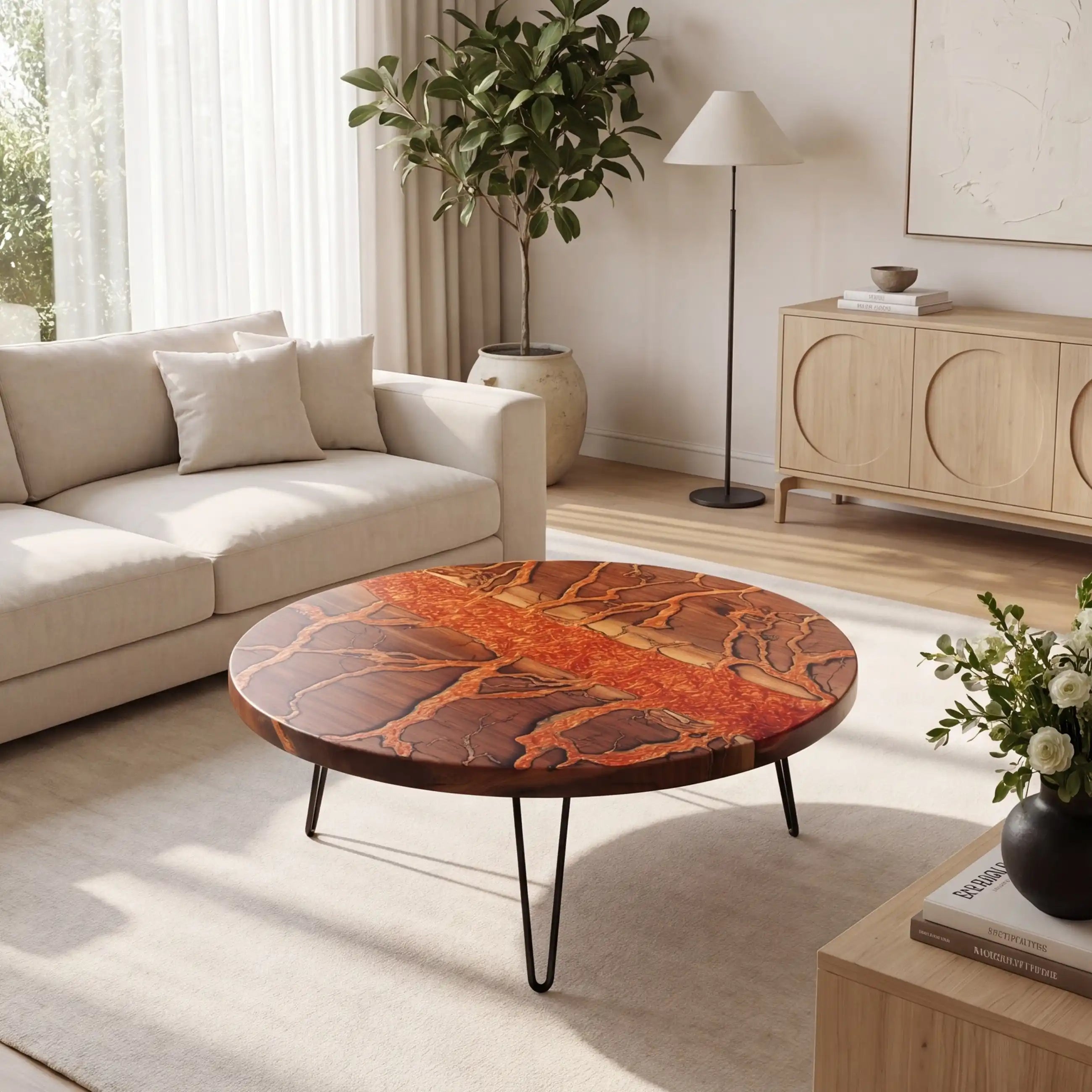 Walnut & Fiery Orange Resin Round Coffee Table WRT33
