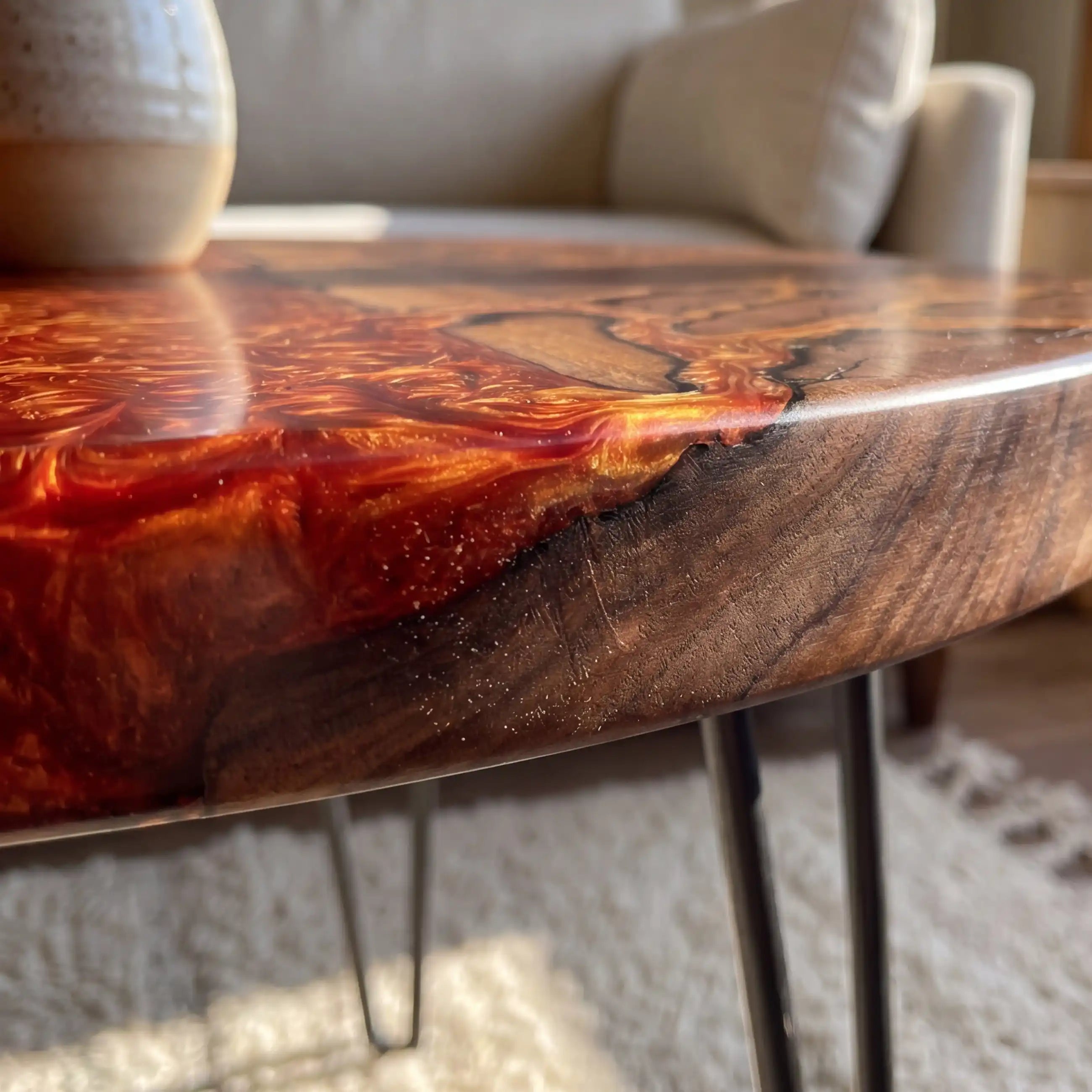 Walnut & Fiery Orange Resin Round Coffee Table WRT33