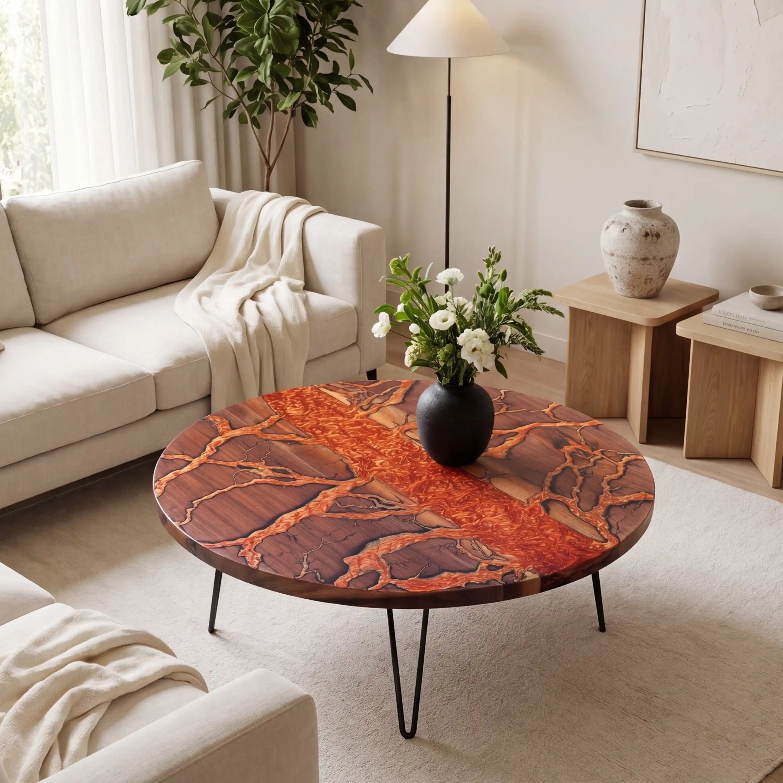 Walnut & Fiery Orange Resin Round Coffee Table WRT33