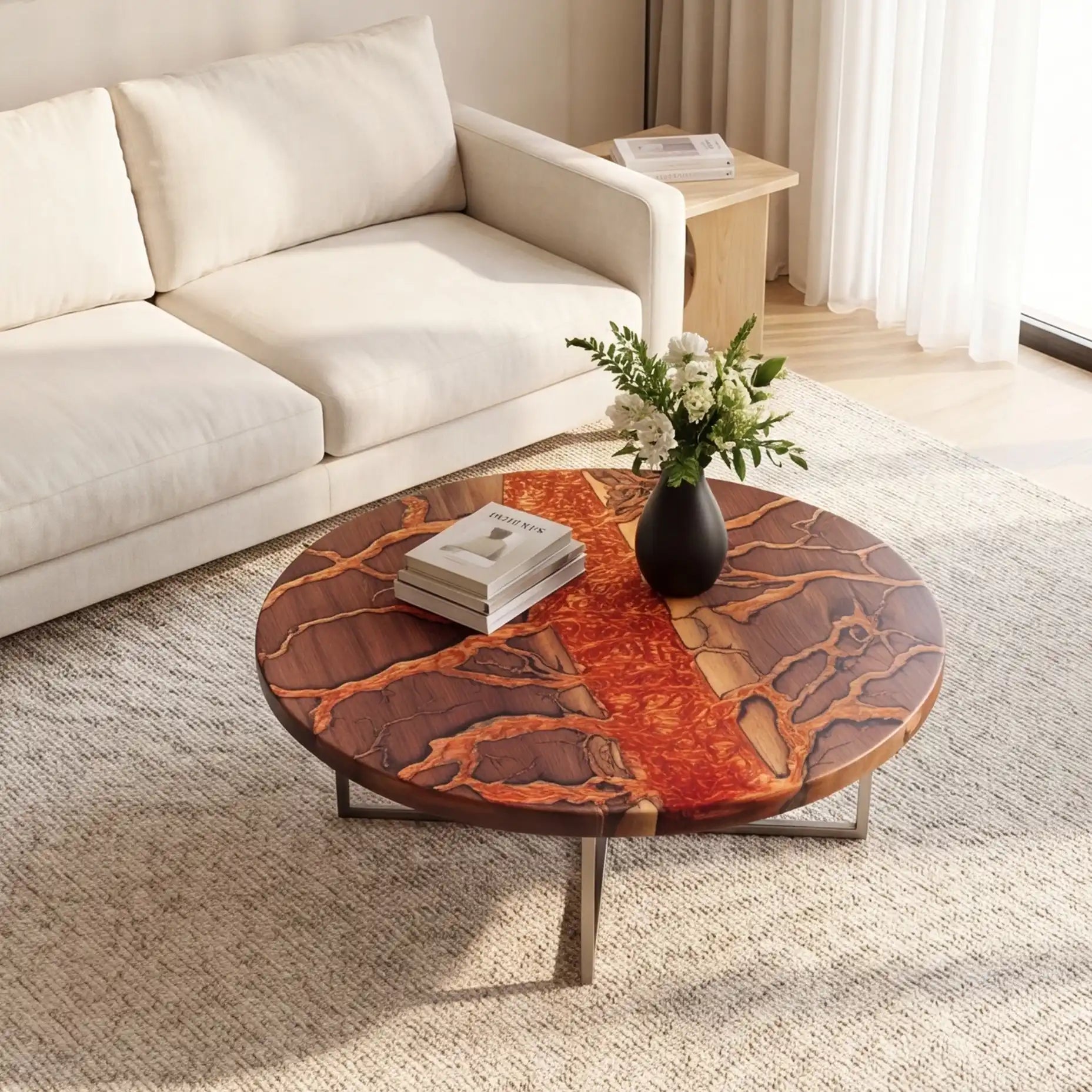 Walnut & Fiery Orange Resin Round Coffee Table WRT33