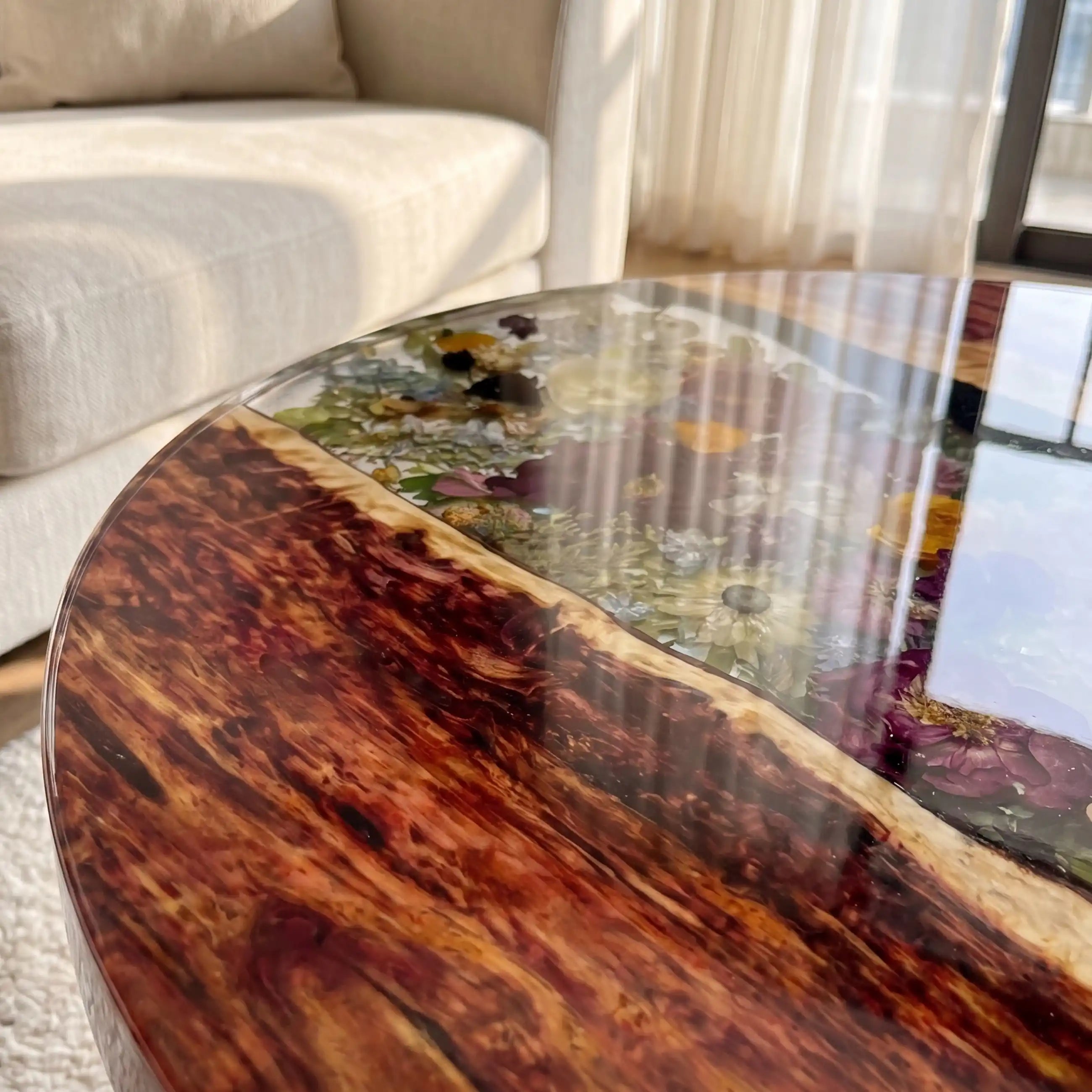 Walnut & Floral Resin Round Coffee Table WRT32