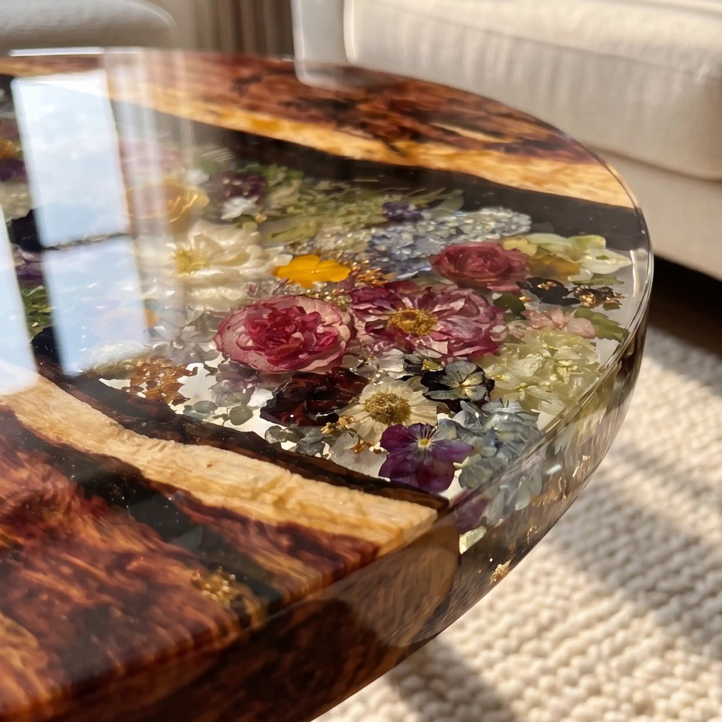Walnut & Floral Resin Round Coffee Table WRT32