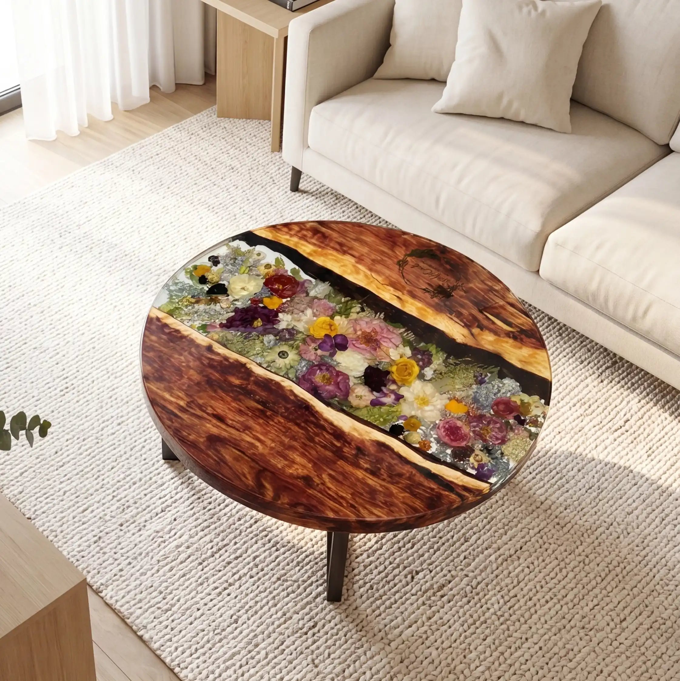 Walnut & Floral Resin Round Coffee Table WRT32
