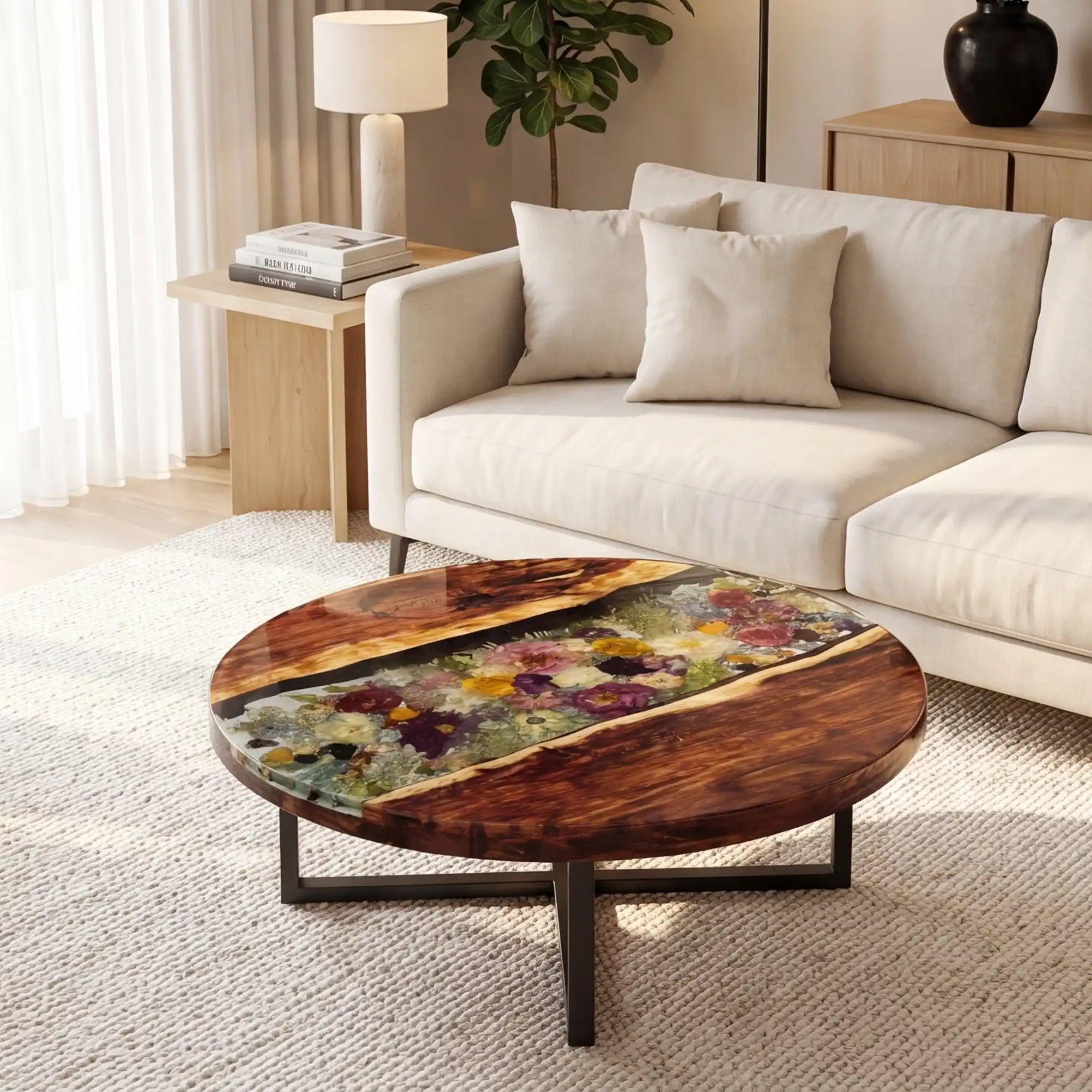 Walnut & Floral Resin Round Coffee Table WRT32