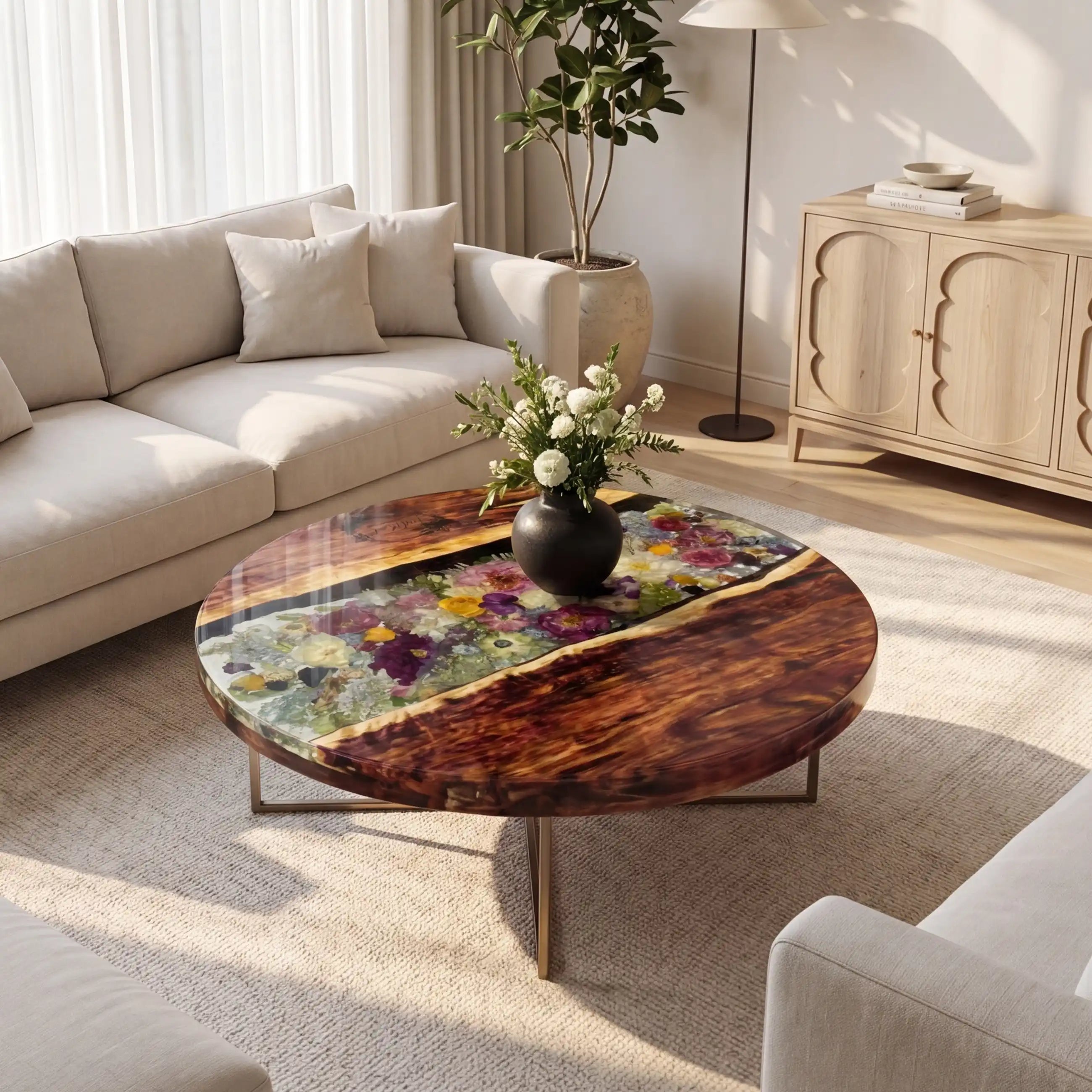 Walnut & Floral Resin Round Coffee Table WRT32